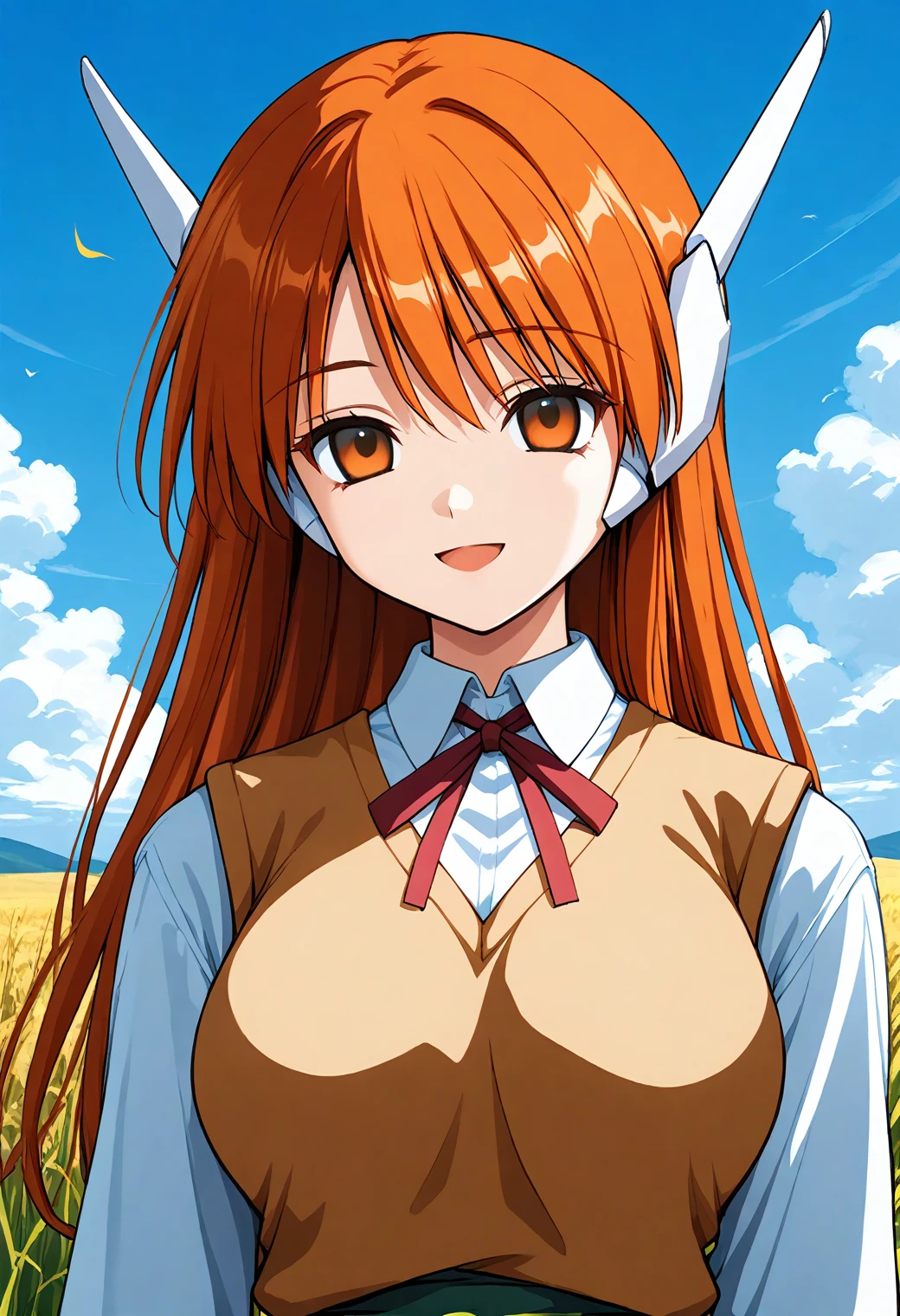 absurdres, best quality, masterpiece, NSFW, animation, comic, animated, novel illustration, looking at viewer, close-up, (spice and wolf), ((holo)), (ayakura juu), (kawakami rokkaku), (koume keito), sunset, detailed cloudy sky, (wheat field), big wheat, 1girl, orange hair, red eyes, long hair, wolf ears, big tail, wolf girl, ((nude:1.2)), ((naked:1.2)), ((nudity)), animal ears, (small breasts), flat chest, navel, nipples, blush, laughing, smile, fang, fang out, happy,