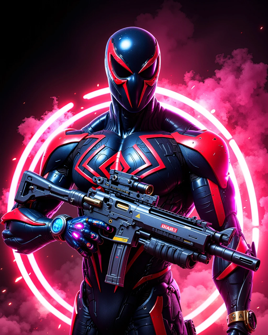 aiai-SM2099 aiai-G&A spider-man 2099 wearing tactical armor and holding a gun powered by a red spiral powercore, smoke and neon background