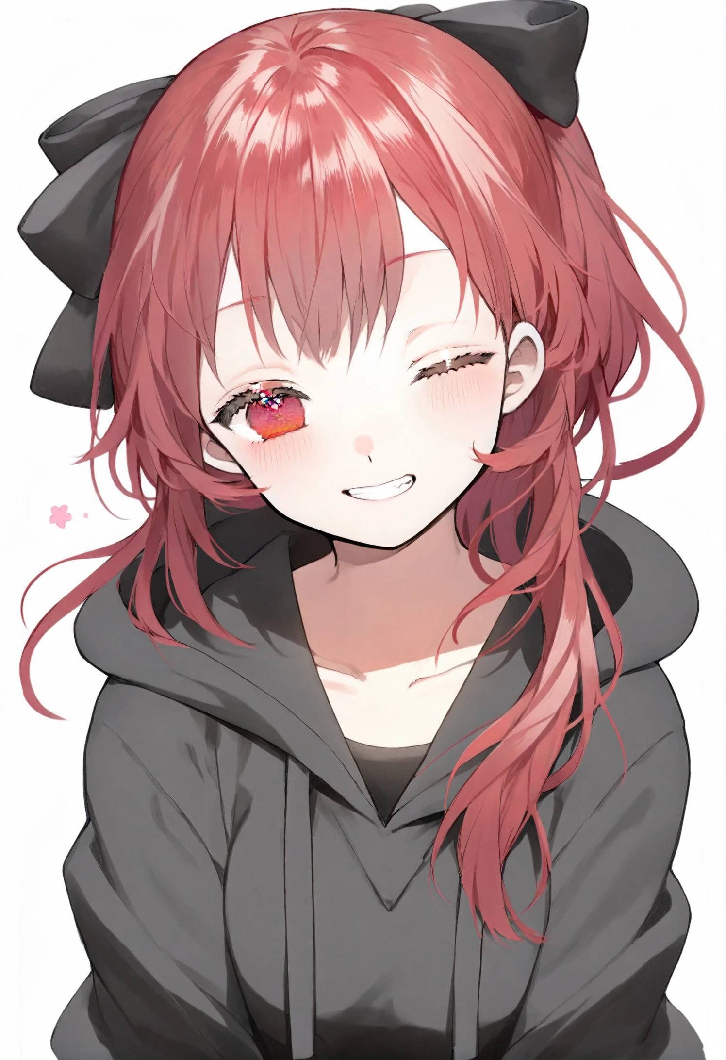 masterpiece, best quality, sakura kyoko, 1girl, one eye closed, solo, long hair, red eyes, smile, red hair, ponytail, hood, grin, bow, hair bow, white background, looking at viewer, simple background, upper body, hoodie, collarbone, black bow, blush, traditional media, portrait, jacket 
 <lora:karohrokaXLlokr4f-000180:0.95>