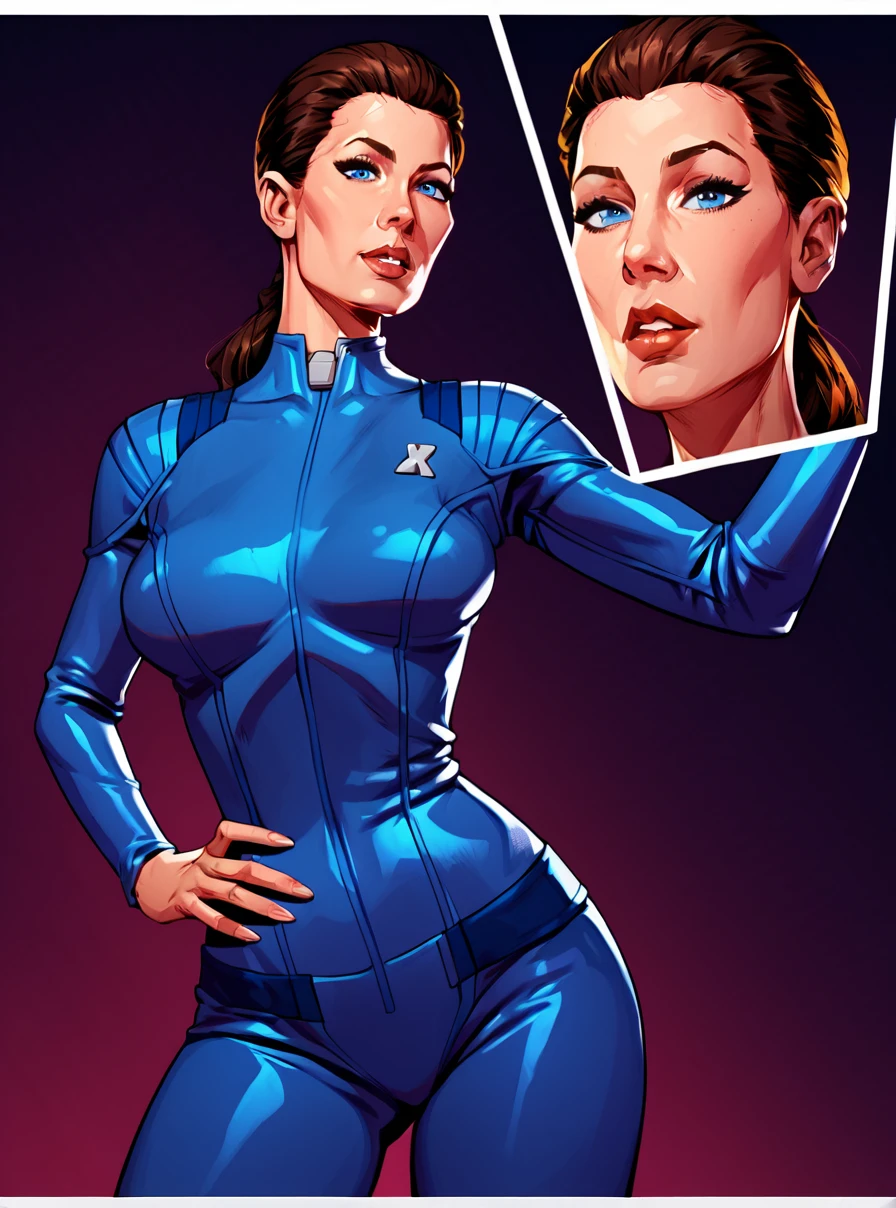 score_9, score_8_up, score_7_up, rating_questionable, 1girl, 2d, solo,zPDXL,  (adult:1.2)  source_cartoon ,(female:1.2),  curvy, thick, looking at the viewer, (comic:1, comic book,)
<lora:Jadzia_Dax_Comic_Pony:1> jadzia, brown hair, ponytail, blue eyes, spots, star trek, bodysuit
dark background,âââ