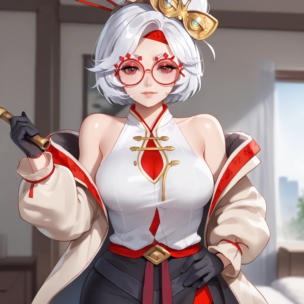 <lora:purah_pony_v1:1>purah, 1girl, glasses, white hair, black gloves, large breasts, red-framed eyewear, hair ornament, off shoulder, sleeveless shirt, hair stick, jacket, bare shoulders, short hair, headband, cowboy shot