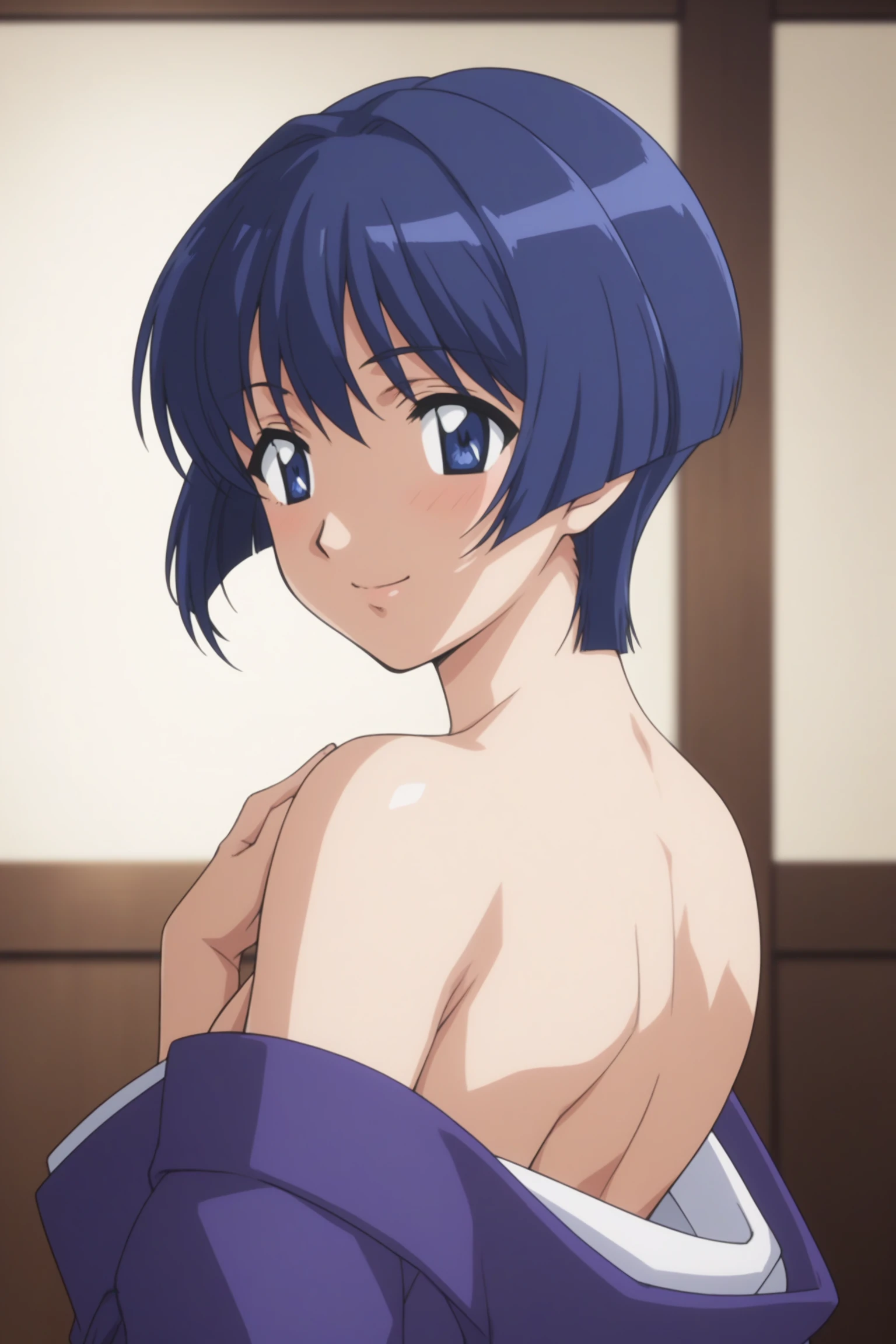 score_9, score_8_up, score_7_up, score_6_up, score_5_up, source_anime, rating_safe, medium breasts, indoors, 1girl, solo, looking at viewer, <lora:age_slider_v4:2>, (upper body:1.2), (dynamic pose:1.2), aoi sakuraba, blue hair, short hair, blue eyes, japanese clothes, long sleeves, purple kimono, obi, tabi, white legwear, <lora:Aoi_Sakuraba:0.8>, (from behind:1.3), (bare shoulder:1.2), strapless, sitting, (hands on own shoulder:1.2), smile