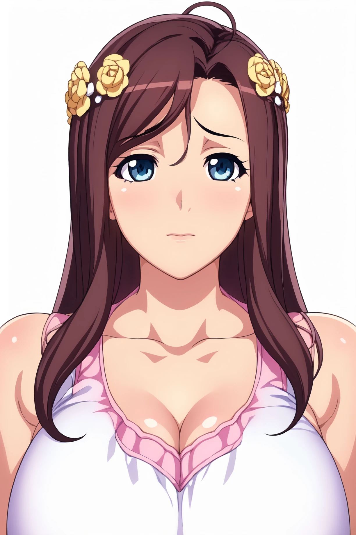 Simple Background,(White_Background:1.1),
dynamic pose,standing at attention,
Pink apron, collarbone, cleavage, bare shoulders, sleeveless, sideboob,
<lora:Kaori_Odagiri_EroManga-KK77-V1:0.7>,Kaori_Odagiri_EroManga,
blue eyes, brown hair,bangs,Long hair,hair flower,
<lora:more_details:0.1>,<lora:NovelAI_YesMix5_KKStyle-KK77-Yes5-V1:0.3>,<lora:Oda_Non_Style2-KK77-Yes5-V1:0.3>,
1 girl, 20yo,Young female,Beautiful long legs,Beautiful body,
Beautiful Nose,Beautiful character design, perfect eyes, perfect face,expressive eyes,perfect balance,
looking at viewer,(Focus on her face),closed mouth, (innocent_big_eyes:1.0),(Light_Smile:0.3),
official art,extremely detailed CG unity 8k wallpaper, perfect lighting,Colorful, Bright_Front_face_Lighting,White skin,
(masterpiece:1.0),(best_quality:1.0), ultra high res,4K,ultra-detailed,
photography, 8K, HDR, highres, absurdres:1.2, Kodak portra 400, film grain, blurry background, bokeh:1.2, lens flare, (vibrant_color:1.2),professional photograph,
(Beautiful,large_Breasts:1.4), (beautiful_face:1.5),(narrow_waist),