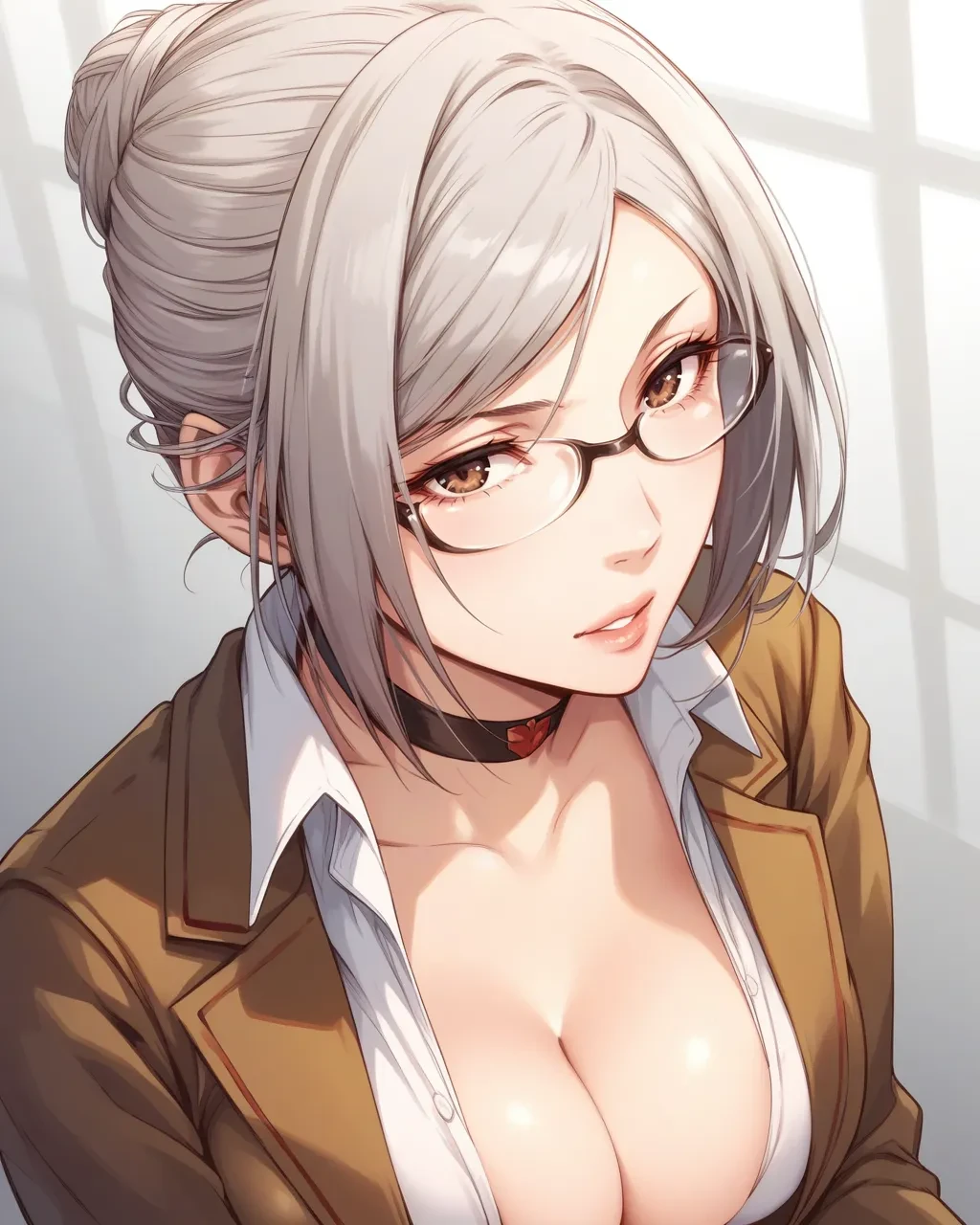 score_9,score_8_up,score_7_up,best quality, 4k, rating_safe, very aesthetic, source_anime,1girl,
<lora:Shiraki_Meiko:0.8>,shiraki meiko,brown eyes,grey hair,short hair,glasses,single hair bun,cleavage,parted lips,school uniform,brown jacket,choker,miniskirt,black thighhighs,open shirt,
upper body,
dynamic angle,