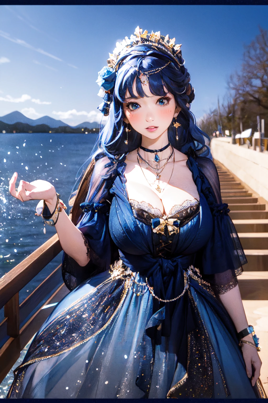 (masterpiece, best quality:1.2),illustration,8k,hd,huge filesize,1 girl,very long hair,solo,cldqz,dress,blue dress,hair ornament,bracelet,jewelry,choker,bracelet,bow,necklace,(blue hair:1.1),big breasts,cleavage,bouncing breasts,(day:1.5),lake,arm down,extremely detailed dress,sky,