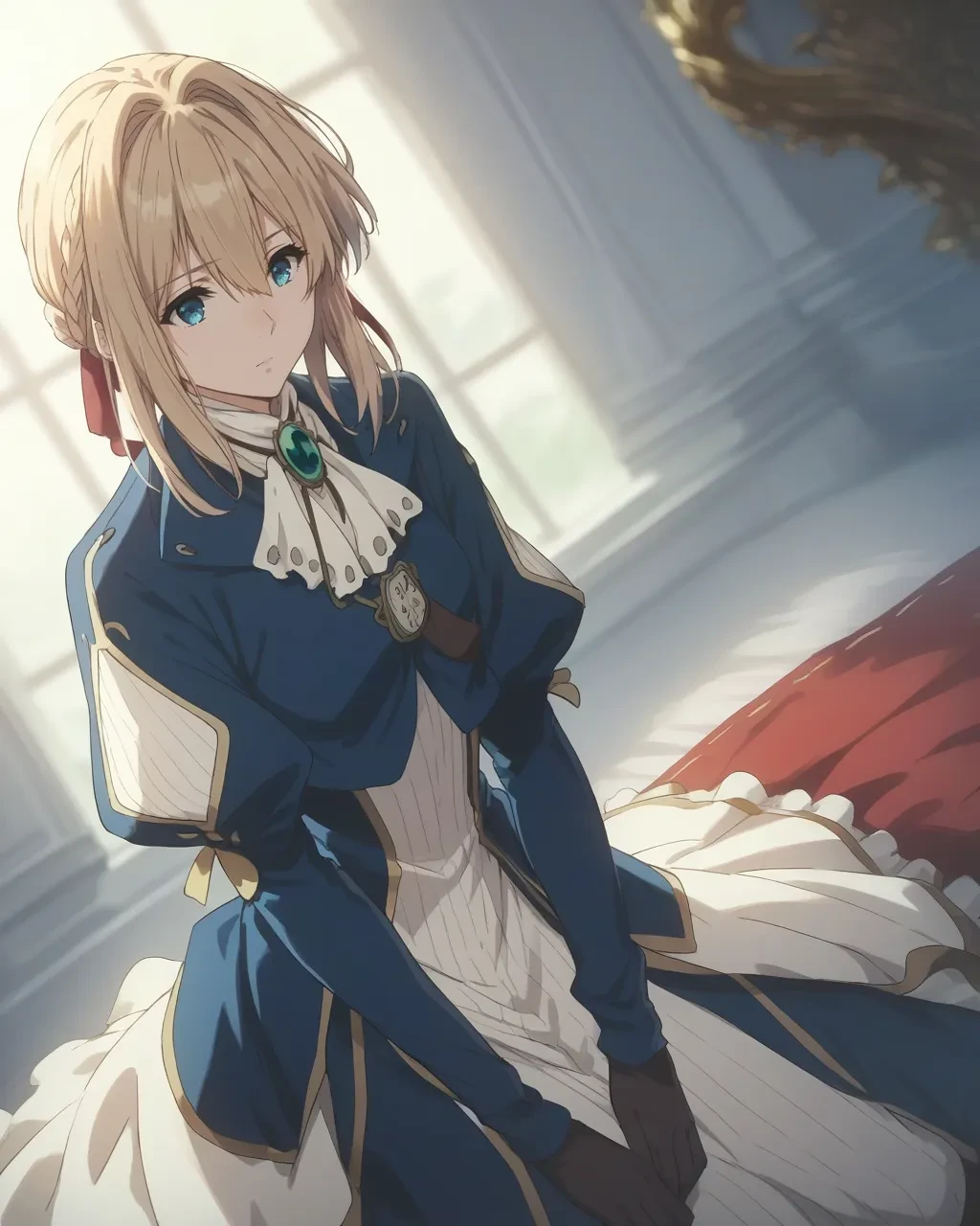 score_9,score_8_up,score_7_up,best quality, 4k, rating_safe, very aesthetic, source_anime,1girl,<lora:Violet_Evergarden:0.8>,violet evergarden,blonde hair,green eyes,blue jacket,dress,glove,expressionless,dynamic angle,
kneeling,on the bed,,