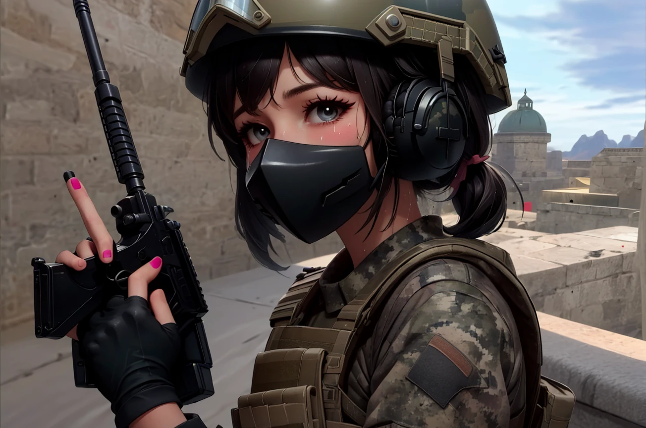 ((close-up)), ((de_dust2)), counter strike, holding handgun, sniper rifle, 1girl, anti-terror uniform, camouflage, gloves, ((helmet)), ((headphones)), ((mask)), parted lips, sweat, lunge, nail polish, twintails, ribbon, sky, door, slope, alley, rooftop, outdoors, wooden box, facing viewer, <lora:girlhatede_dust2:0.9>, <lora:GAME_CounterStrikeOnline_Yuri_ownwaifu:0.6>