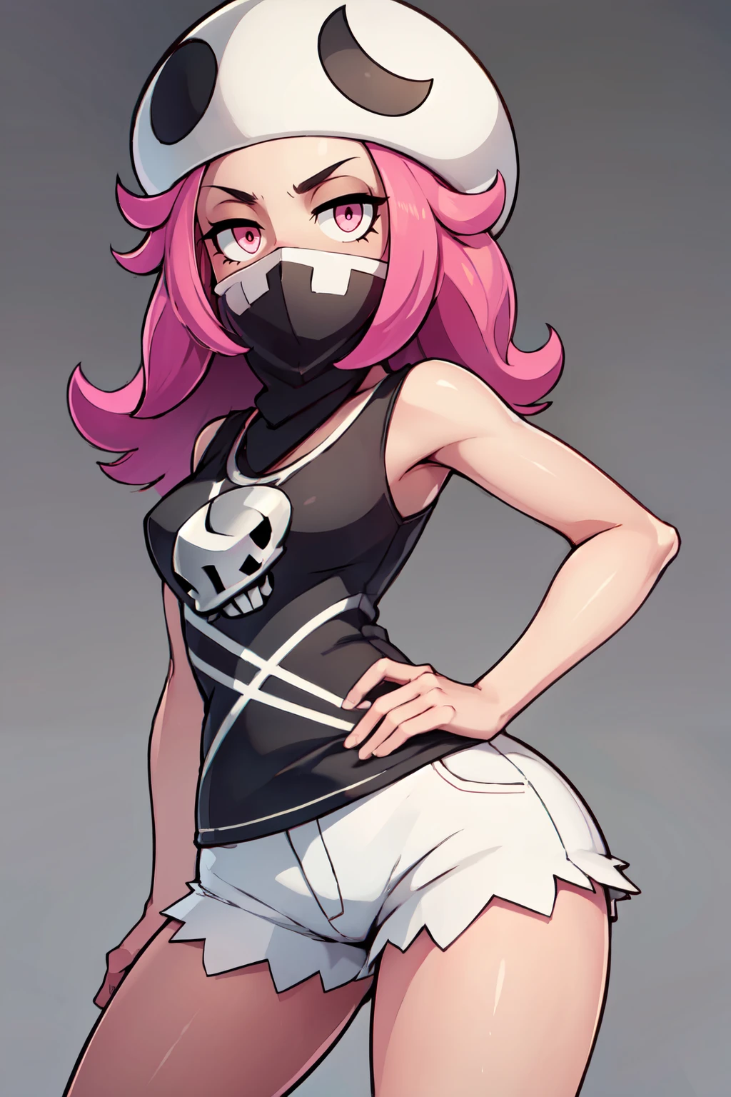 ((masterpiece,best quality)), absurdres,  BREAK, , <lora:Skull_Grunt_Pokemon:0.8>, zzSkullGrunt, pink eyes, pink hair, long hair, dark skin, white hat, bandana, sleeveless, black shirt, white short shorts, , BREAK, hip to the side, hand on hip, contrapposto,, BREAK, solo, smile, looking at viewer, cowboy shot,