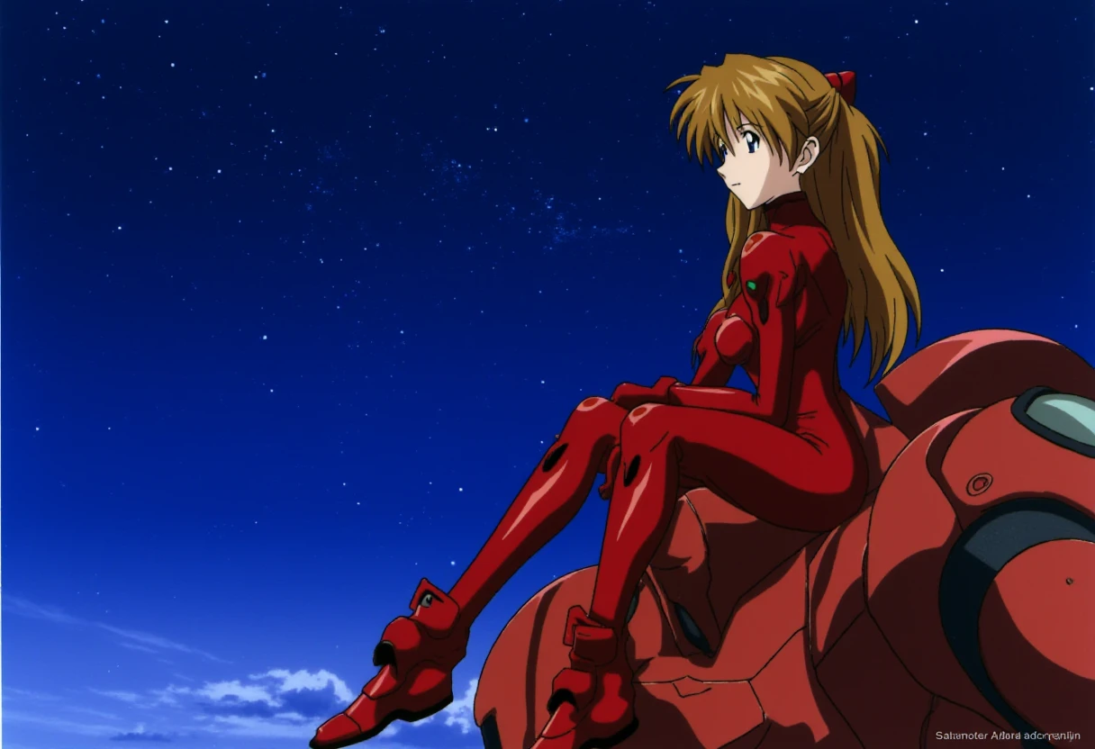 ppasuka, in red plug suit, sits under the starry sky on the shoulder of mecha EVA-02. She is looking at the distance, looking quite preoccupied. Side profile, highly detailed.
<lora:asuka_1_2_flux-000005:1>, Japanese anime,