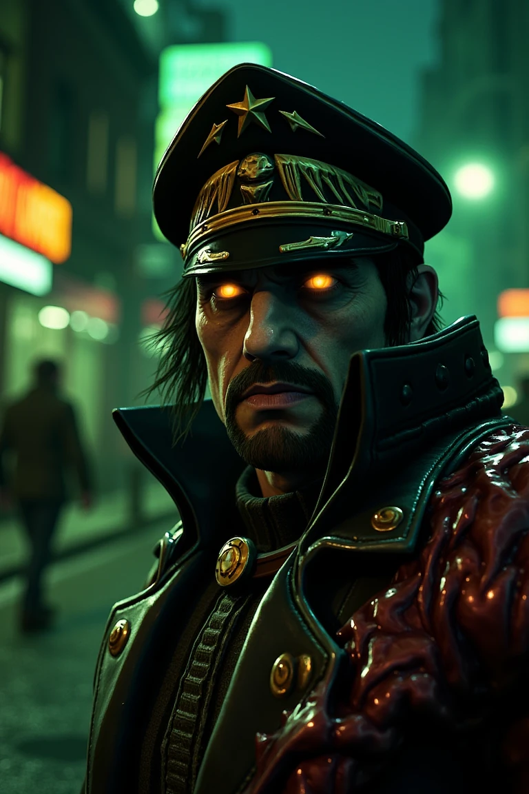 midnight hour, Stukov, black hair, glowing yellow eyes, he is half man and monster, depicted as a photorealistic character, black military peaked cap with gold designs, brown gloves for his right hand, left hand is mutated with dark red tentacles and yellow tipped claws, blurry outdoor street, building exterior, post-apocalyptuc theme, green color scheme, horror masterpiece