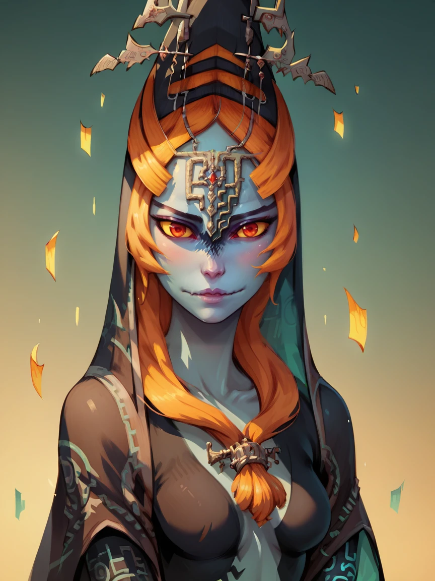 score_9, score_8_up, score_7_up, score_6_up, score_5_up,   <lora:midnaXLP:1> midna, 1girl, solo, orange hair, blue skin, front ponytail, long hair, red eyes, yellow sclera, upper body, cleavage,