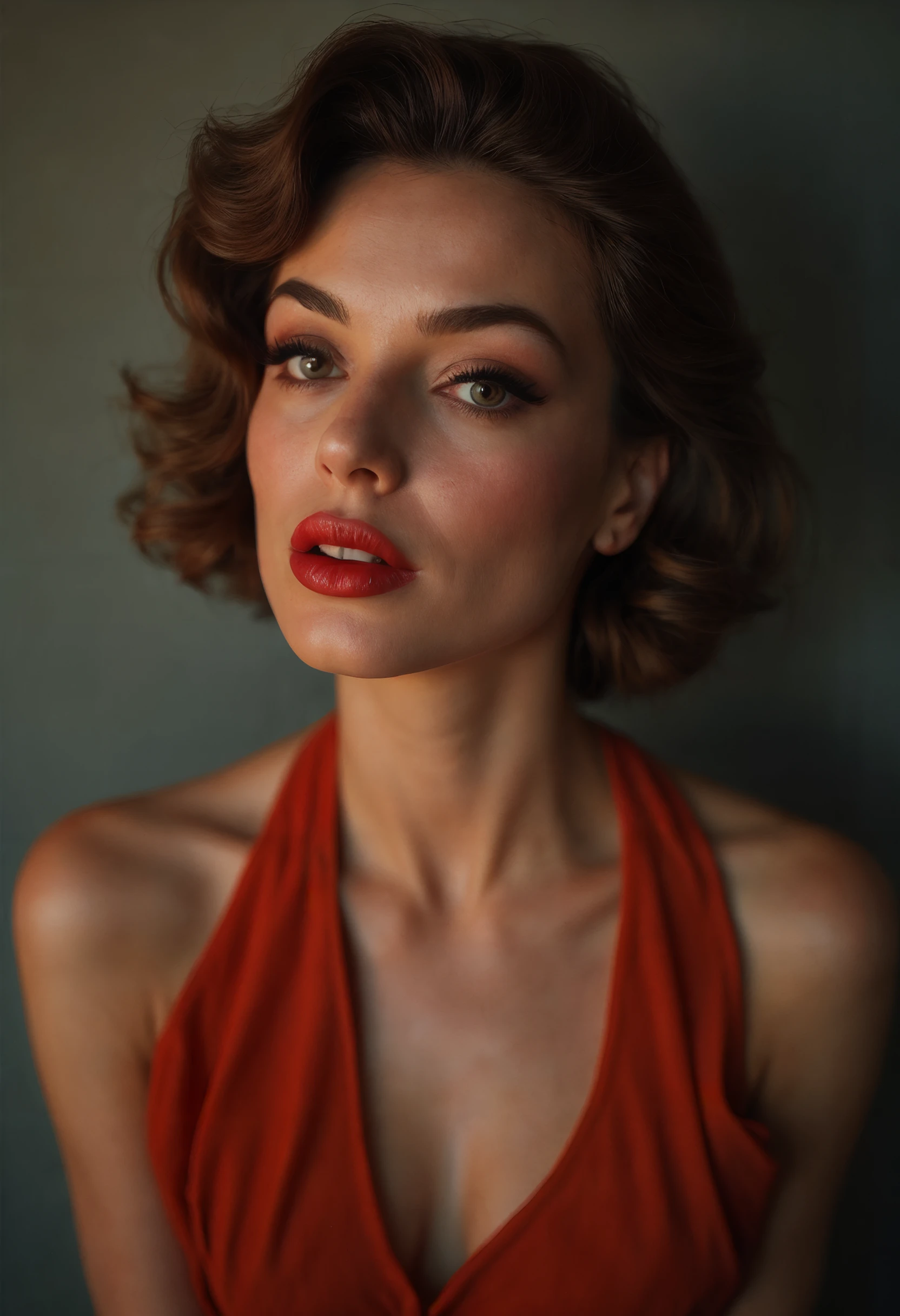 Portrait Photography: A vintage Hollywood woman portrait, featuring glamorous styling, retro hair and makeup, and dramatic lighting. Captured on a Leica M10 with a 50mm f/1.4 Summilux lens, using three-point lighting and a medium shot.