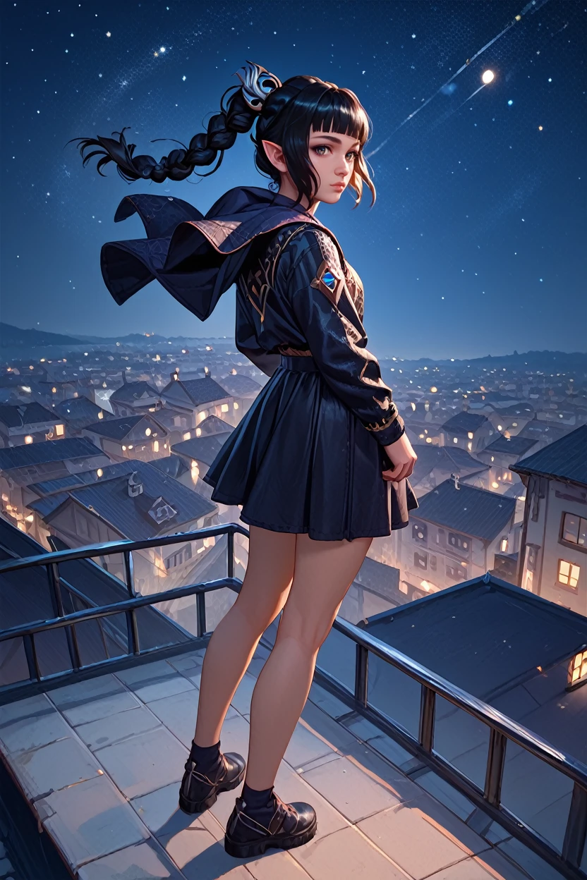 score_9, score_8_up, score_7_up, score_6_up
<lora:BGShadowH:1.0>
BGShadowH, 1girl, braided ponytail, pointy ears, black hair, blunt bangs, looking at viewer, standing on a rooftop at night, city lights twinkling below, wind gently blowing hair, starry sky above, mysterious and enchanting ambiance