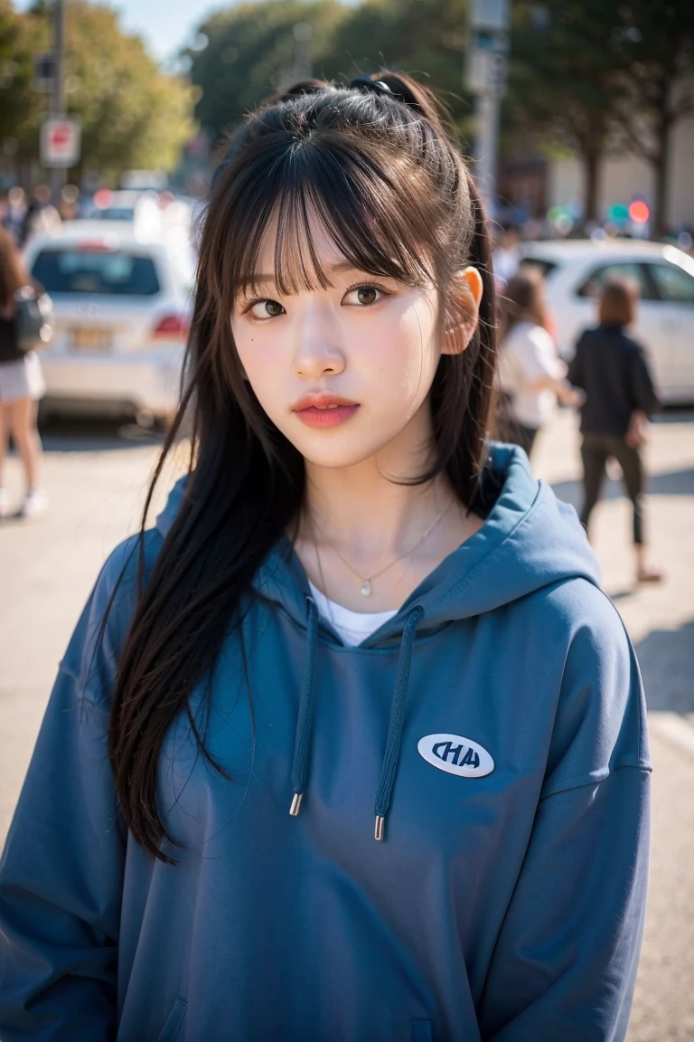 upper body photo of iveyujin in blue hoodie, makeup, streets, day, hard shadows, (photorealistic:2.0), <lora:iveyujin-v3:1>