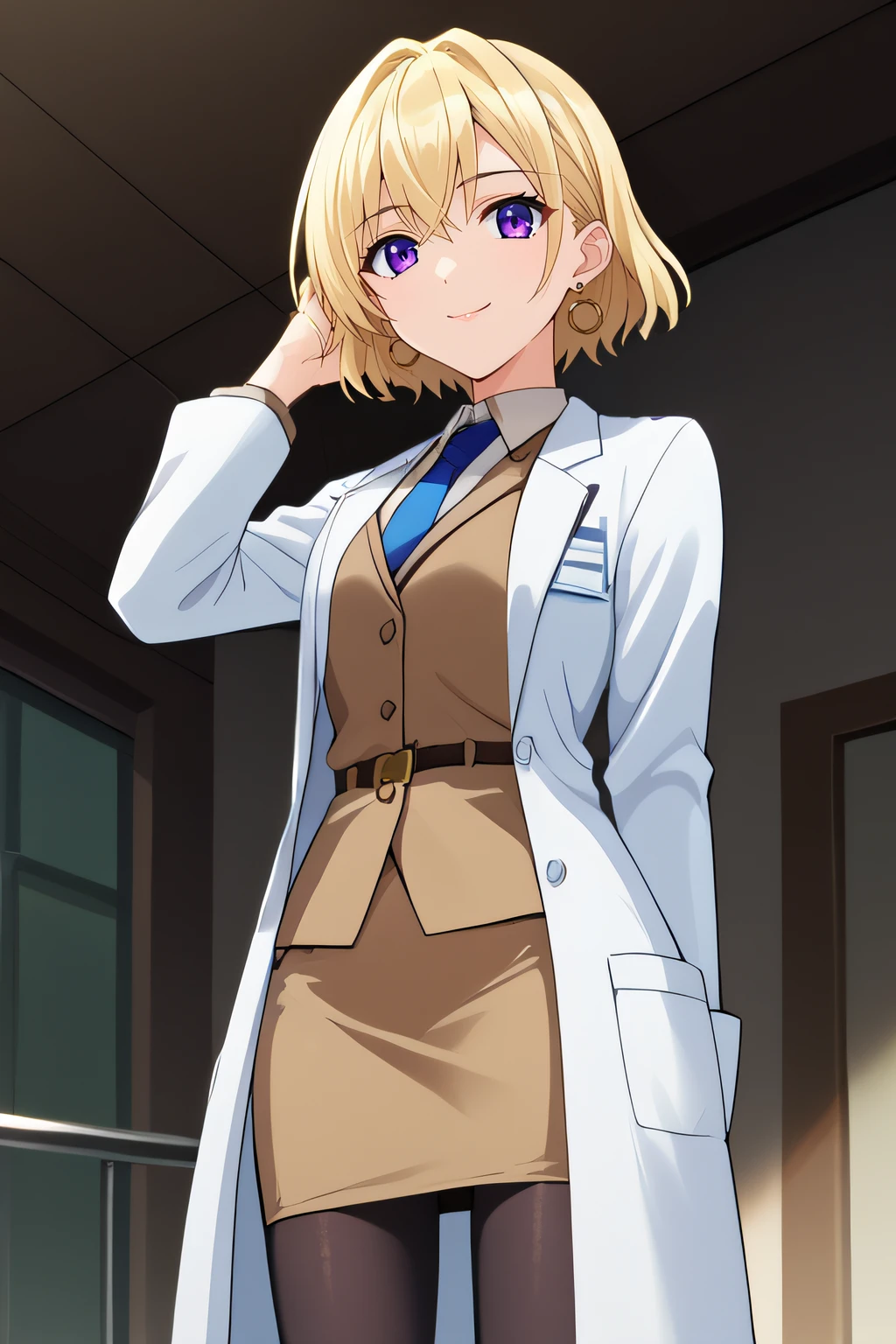 score_9, score_8_up, score_7_up, source_anime, rating_safe, intricate details, anime screencap, official style, 1girl, <lora:PONY_Shamal:1>, shamal, short hair, blonde hair, purple eyes, earings, shirt, pencil skirt, military uniform, blue necktie, brown vest, brown skirt, labcoat, black pantyhose, standing, from below, smile, cowboy shot, hand on hair