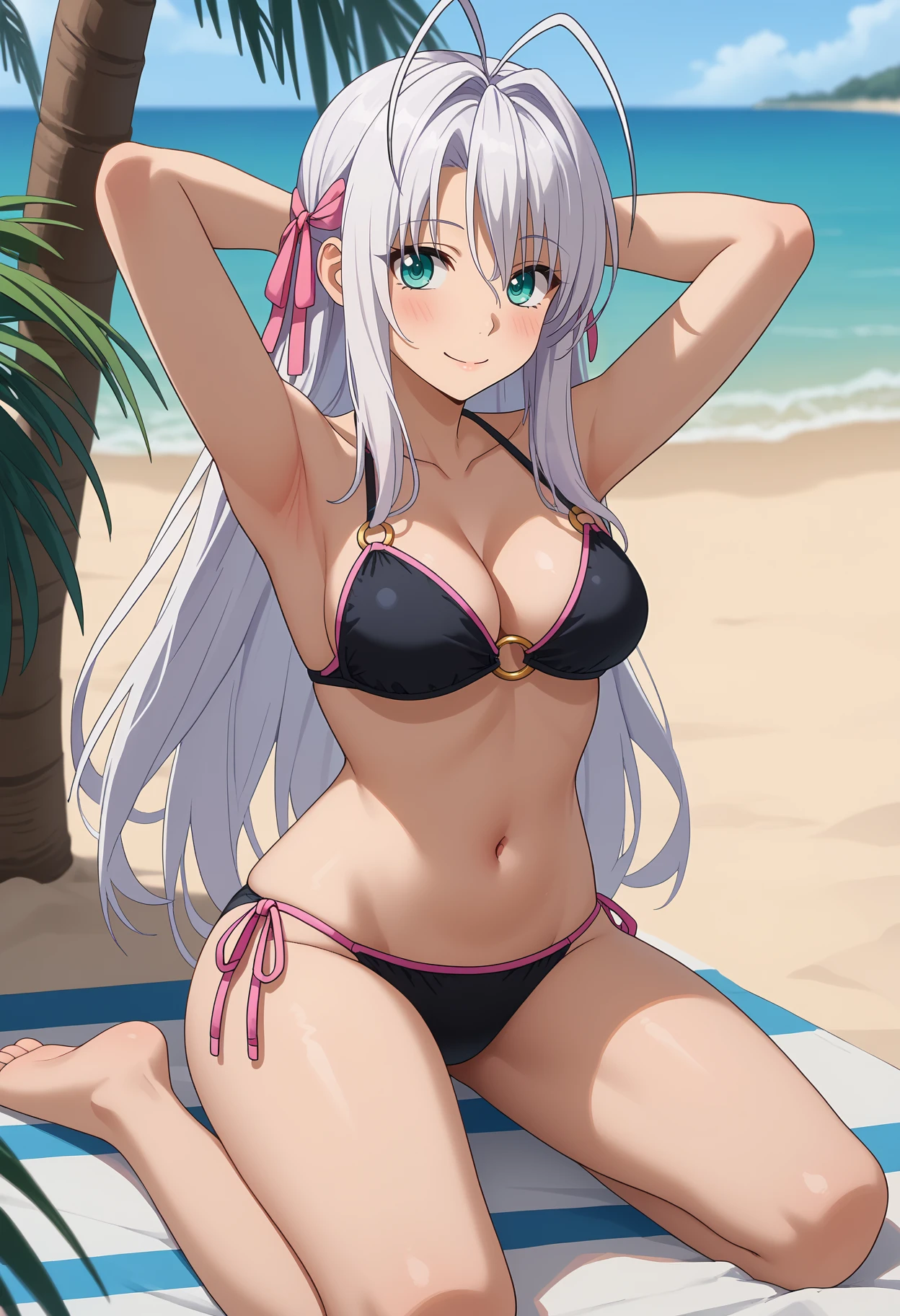 score_9,
<lora:HighschoolDxD_RossweisseXL:0.8>,
1girl, solo, closed mouth, light smile, light blush,
long hair, white hair, antenna hair, aqua eyes, hair ribbon, pink ribbon,
o-ring bikini, black bikini, cleavage, medium breasts, side-tie bikini bottom,
sitting, kneeling, arms behind head, looking at viewer,
blurry background, horizon, beach, palm tree