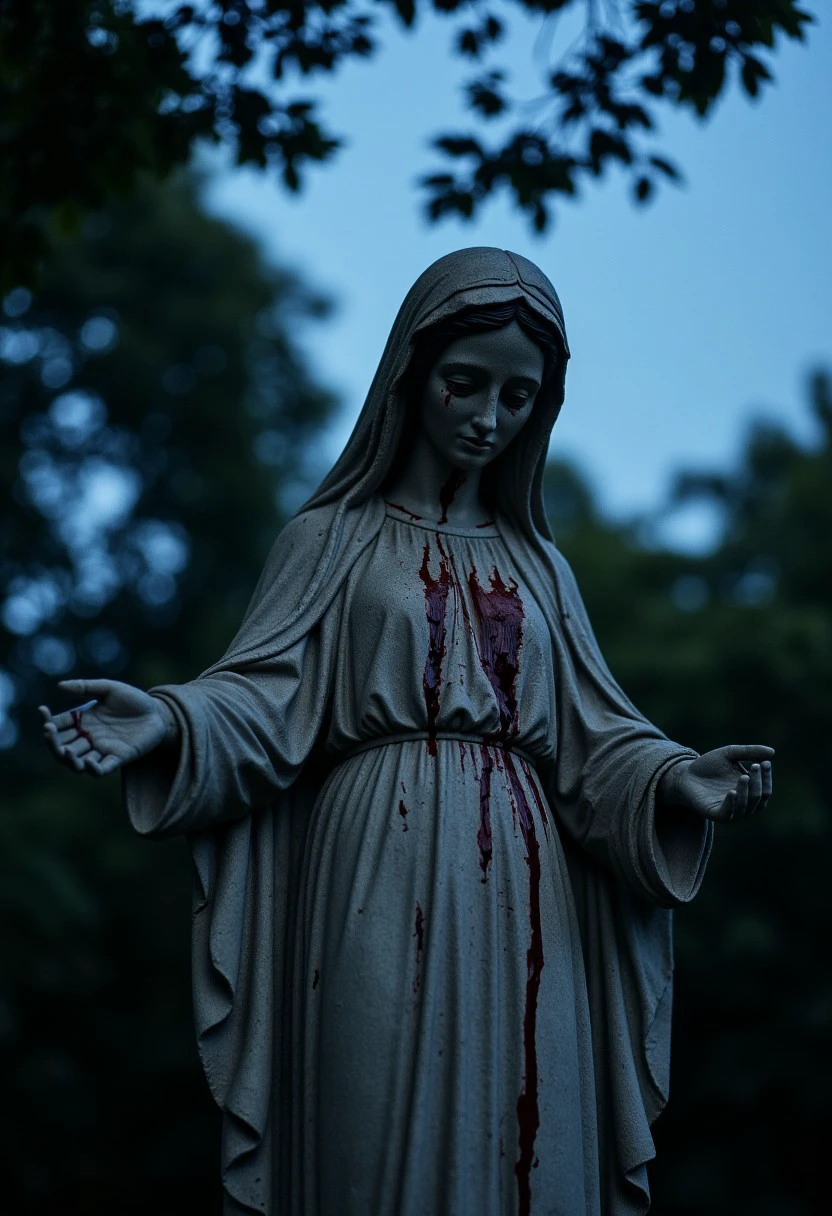 An establishing shot of a cemetery at dusk, blue hour, cinematic still frame, shallow depth of field, captured from low angle, the subject is a old weathered statue of the virgin Mary with her arms outstretched and her palms facing up the stone has some cracks starting to form she's crying tears of blood, thin line of bl00d trickling down from eyes, bl00d pooling down from her outstretched hands, bl00d trickles down cheeks, overgrown foliage, creepy ambience