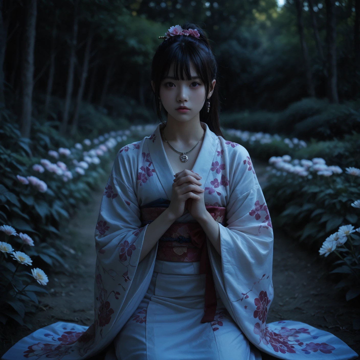 score_9,score_8_up,score_7_up,((rough_skin,realistic skin)),(freckles:0.5),
1girl, solo, long_hair, looking_at_viewer, bangs, black_hair, hair_ornament, long_sleeves, jewelry, sitting, full_body, ponytail, flower, earrings, outdoors, parted_lips,colorful_japanese_clothes, wide_sleeves, pink_eyes, colorful_kimono, necklace, nail_polish, blurry, lips, parted_bangs, sash, depth_of_field, blurry_background, glowing, facial_mark, obi, own_hands_together, nature, pink_flower, seiza, v_arms, red_lips, hands_on_lap