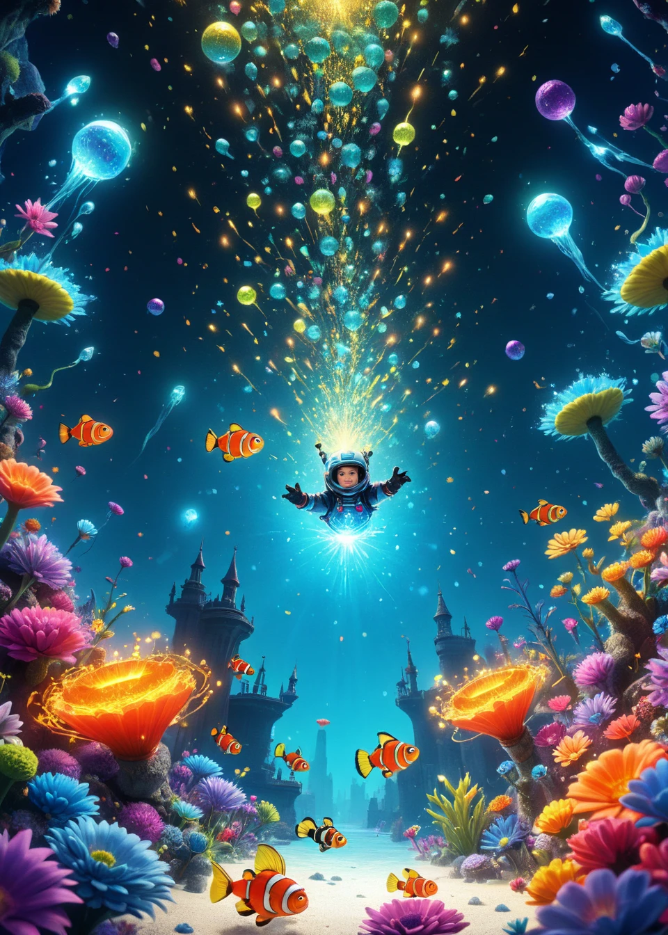 xslx, underwater scene featuring a luminous, bioluminescent coral reef and a mystical, glowing fish with floating particles, highly detailed, Mecha, Starlight, Tealtrending <lora:fx-01:1.2>