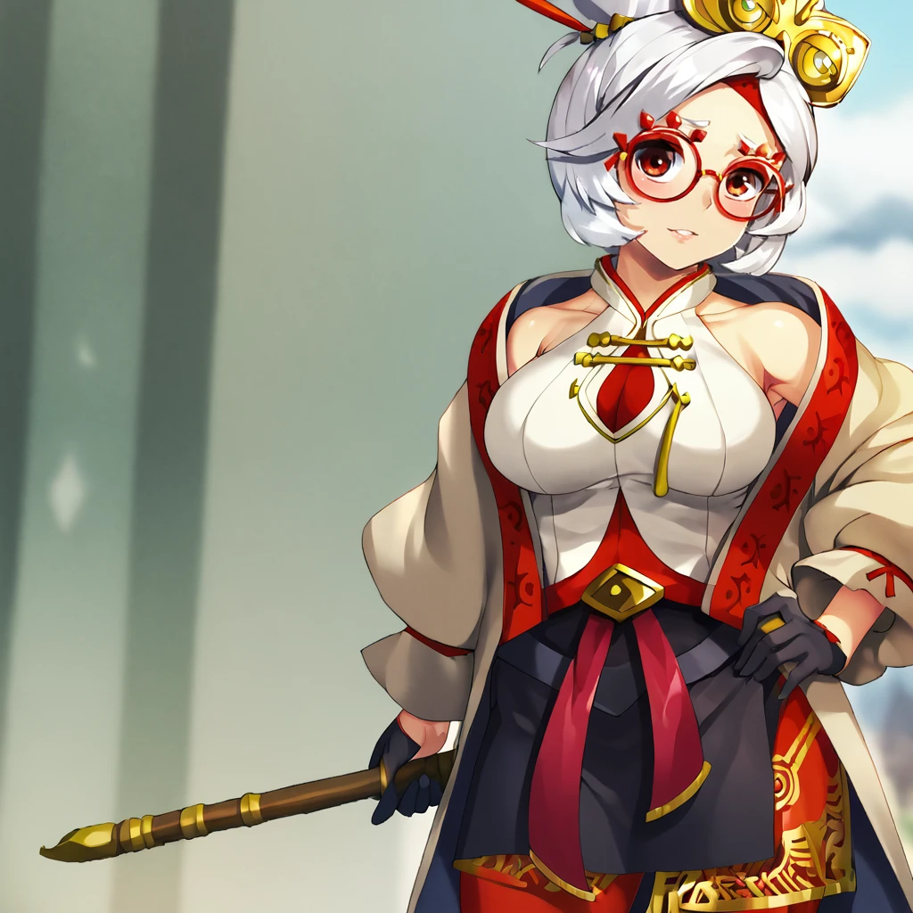 <lora:purah_pony_v1:1> purah, 1girl, glasses, white hair, black gloves, hair ornament, large breasts, red pantyhose, red-framed eyewear, hair stick, cowboy shot