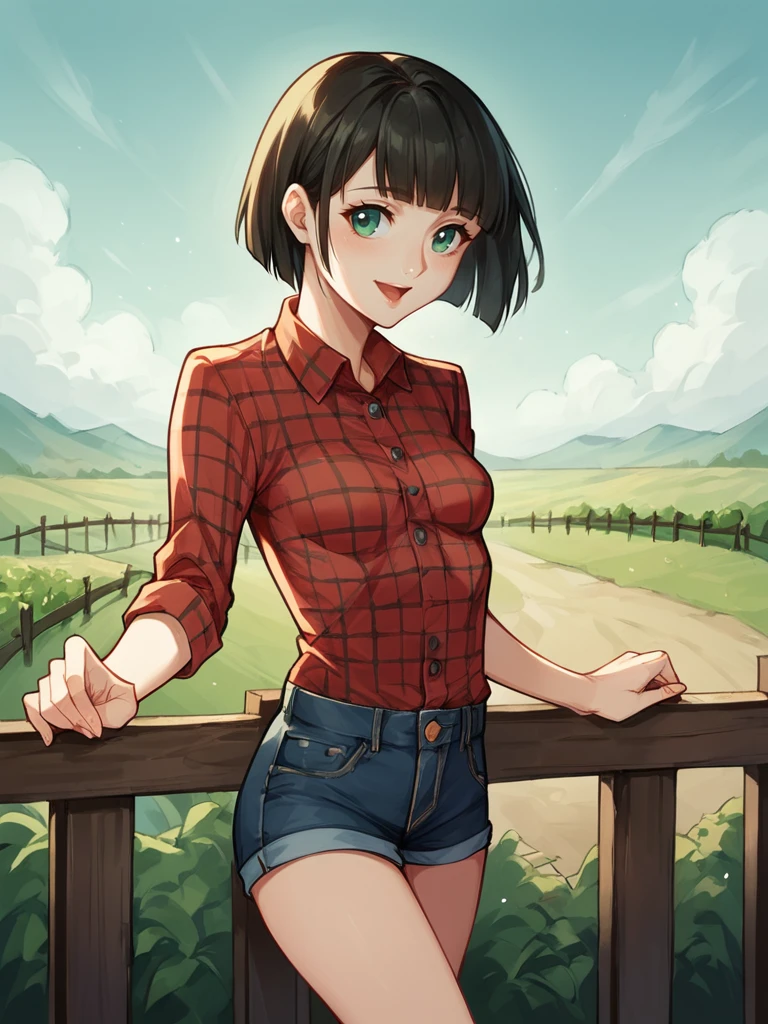 score_9, score_8_up, score_7_up, score_6_up, score_5_up, score_4_up, source_anime BREAK
1girl, female focus, <lora:Pala_N_-_2:1>, small breasts, plaid shirt, short denim shorts, vineyard, expansive countryside view, fence, leaning against fence, looking away, distracted, happyâââ