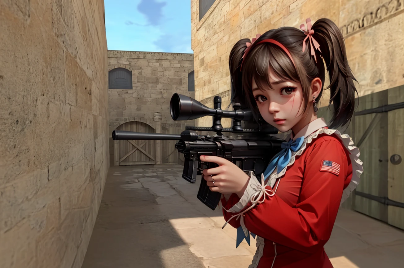 ((close-up)), ((de_dust2)), counter strike, holding handgun, sniper rifle, 1girl, parted lips, lunge, red dress, short dress, bowtie, no pants, long sleeves, bridal garter, frills, nail polish, twintails, ribbon, sky, door, slope, alley, outdoors, mid path, wooden box, from side, <lora:girlhatede_dust2:0.9>, <lora:GAME_CounterStrikeOnline_Yuri_ownwaifu:0.5>