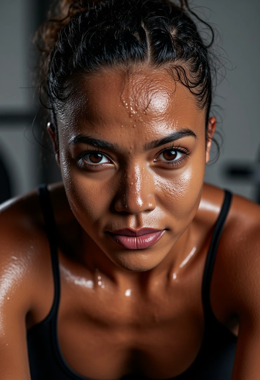 Candid closeup selfie phone pic of a Central African woman, working out in a Crossfit gym, sweat streaming down and sweat dripping beads of sweat on sweaty skin, backlit, detailed skin