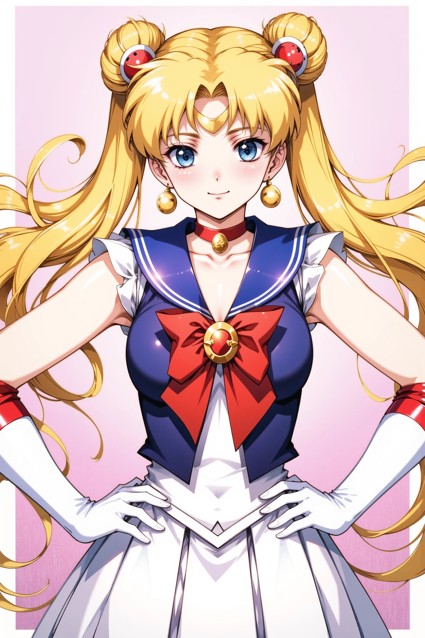 1girl, solo, gloves, long hair, tsukino usagi, white gloves, twintails, skirt, double bun, jewelry, sailor senshi uniform, blonde hair, sailor moon, hair bun, blue eyes, choker, earrings, magical girl, sailor collar, bow, hands on hips, looking at viewer, crescent, crescent earrings, hair ornament, smile, heart brooch, pleated skirt, collarbone, covered navel, brooch, cowboy shot, red bow, white skirt, bangs, star (symbol), sleeveless, heart, very long hair,
<lora:flyx3_FLUX_v2:1.0>,