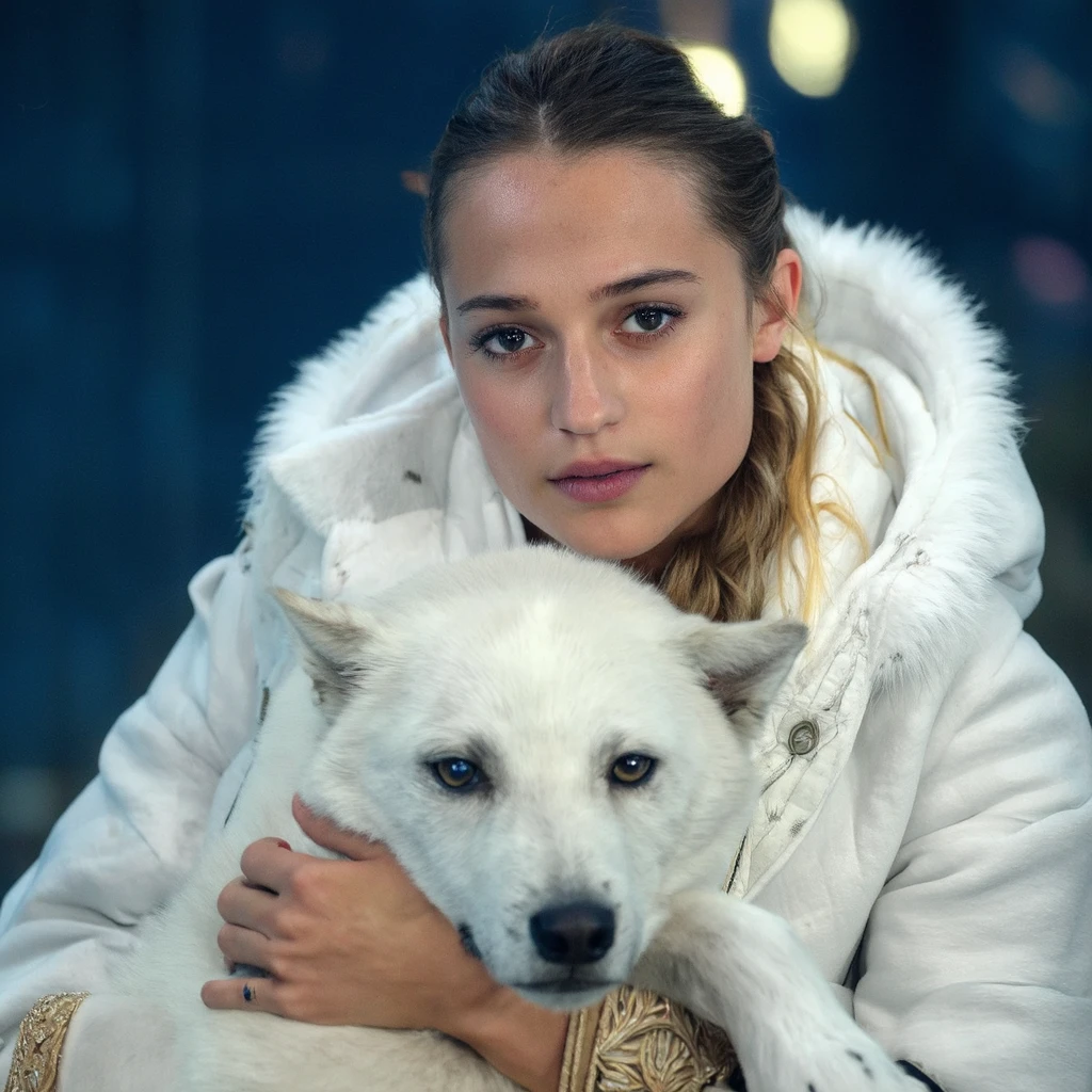 alicia_vikander A vivid portrayal of a young  with striking blue eyes and freckles, wrapped in a fluffy white fur coat with a hood. She holds a white wolf with piercing blue eyes in her arms. The background is a deep blue with bokeh effects, creating a dreamy atmosphere. The 's pose is serene, with her head resting gently on the wolf's neck. The image has a fantasy and ethereal style, emphasizing the interplay of light and shadow.