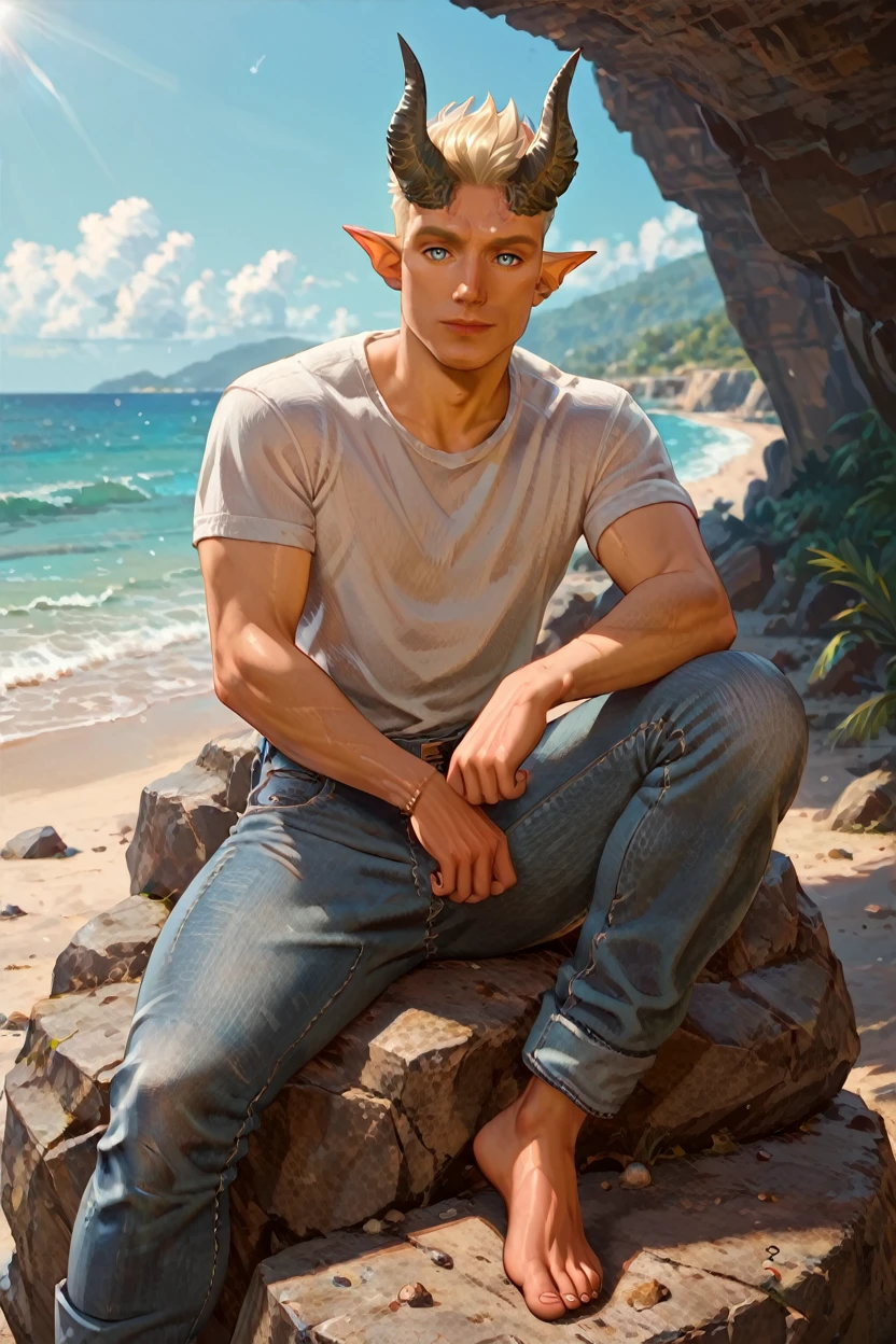 score_9, score_8_up, score_7_up, score_6_up
<lora:BGDammon:1.0>
BGDammon, 1boy, blonde hair, blue eyes, demon horns, pointy ears, looking at viewer, male model in a white t-shirt, sitting on a beachside rock, jeans rolled up, barefoot, gazing at the horizon, soft sunlight, serene expression