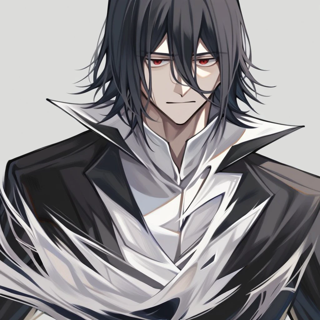 Gerph_style, score_9,score_8_up,score_7_up,tt style, soft lines, soft, Fyodor, 1boy, black hair, red eyes, formal black suit, male focus hair between eyes, black coat, black pants, solo, long sleeves,, hair between eyes, closed mouth, standing, male focus, pants, coat, torn clothes,