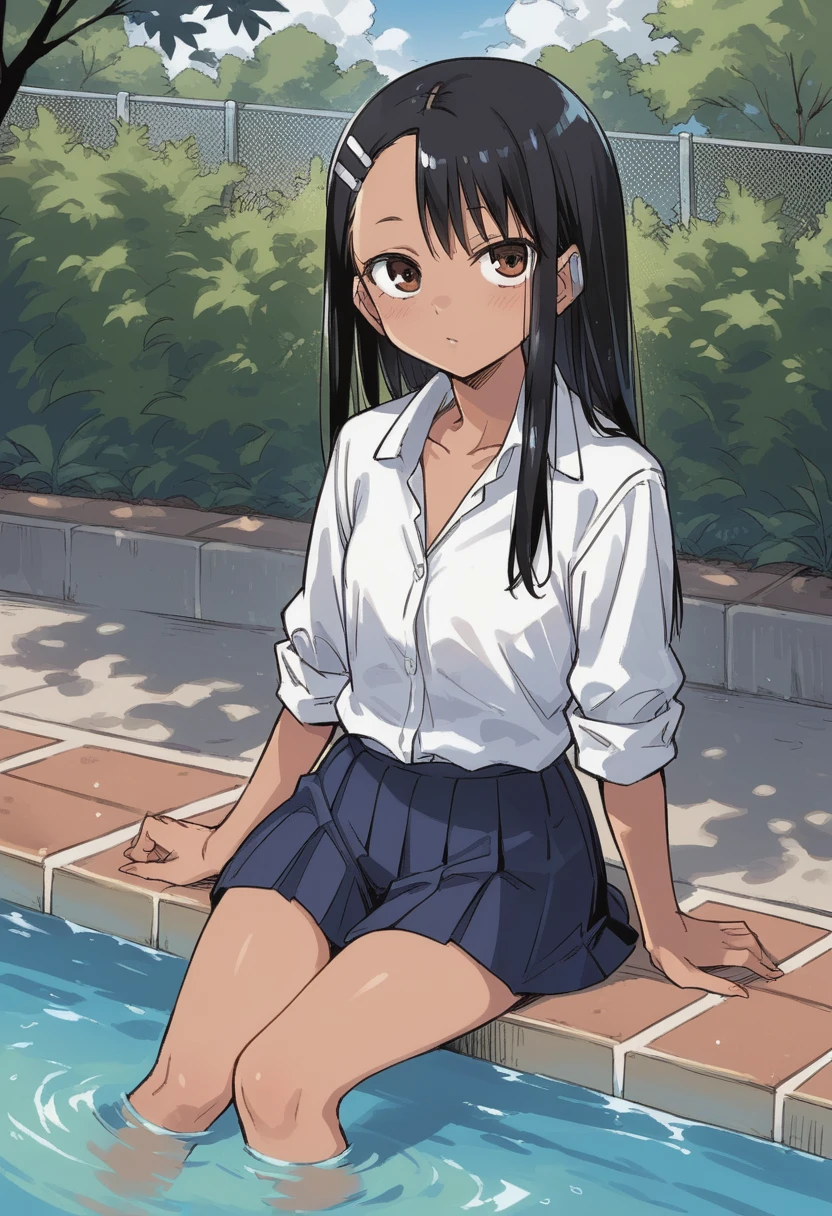 score_9, score_8_up, score_7_up, source_anime, BREAK <lora:Nagatoro:1> N4G4T0R0, solo, looking at viewer, school uniform, sitting, straight-on, outdoors, poolside, partially submerged,