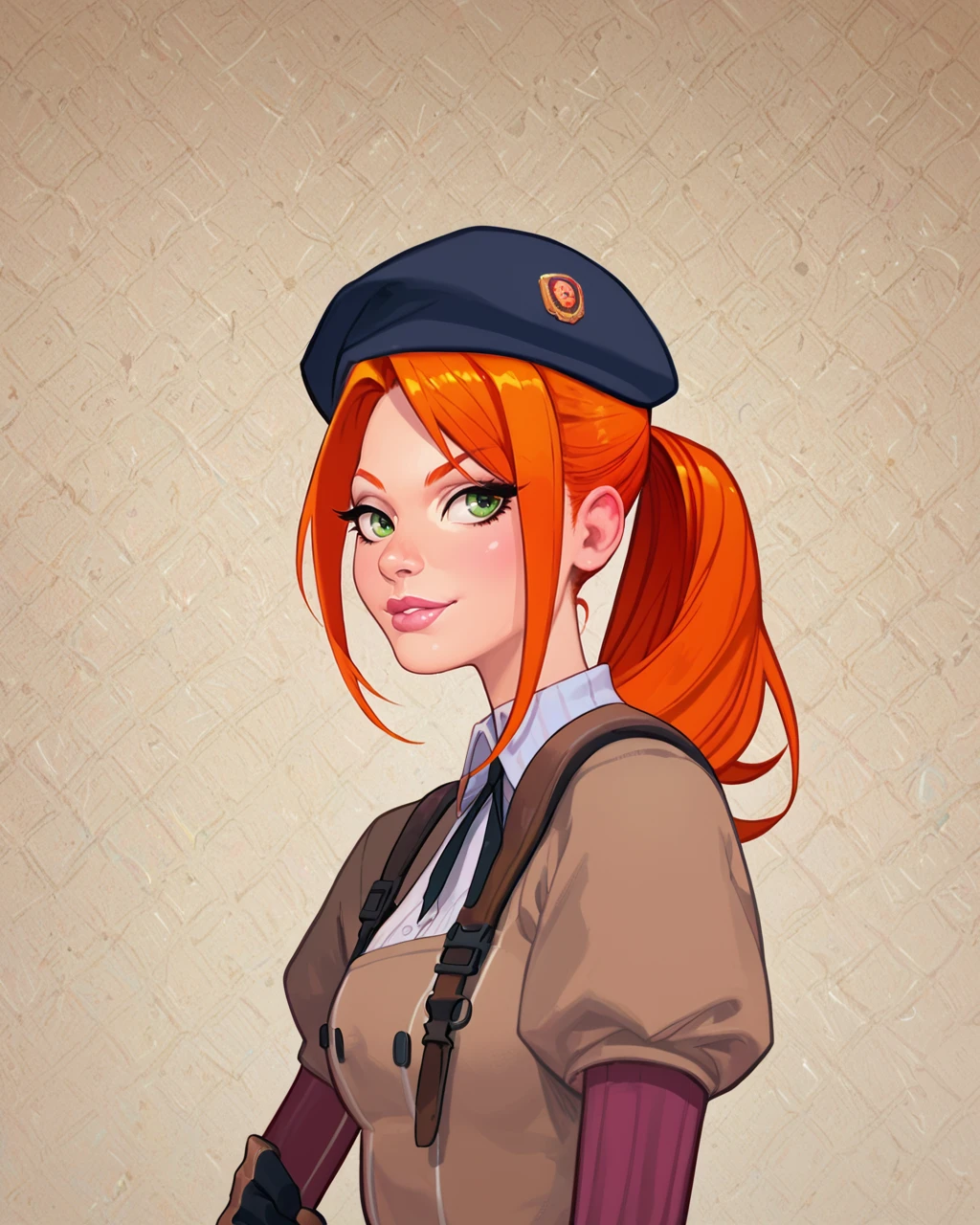 score_9, score_8_up, score_7_up, zPDXL, <lora:Art_Of_Jaguar_Style:1>AOJaguarstyle, 1girl, green eyes, hat, orange hair, gloves, ponytail, beret