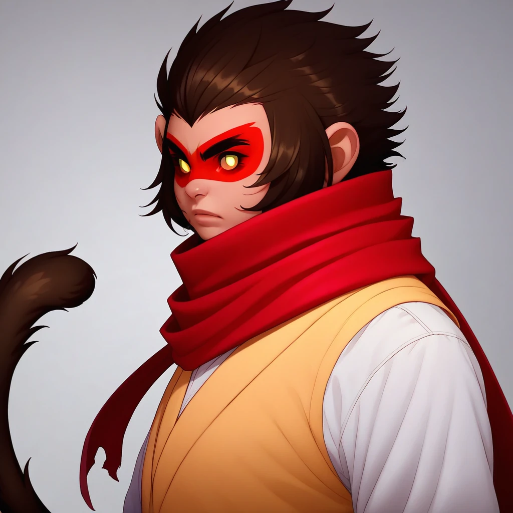 liuer mihou, semi-realistic, mask, yellow sclera, red scarf, monkey tail, upper body