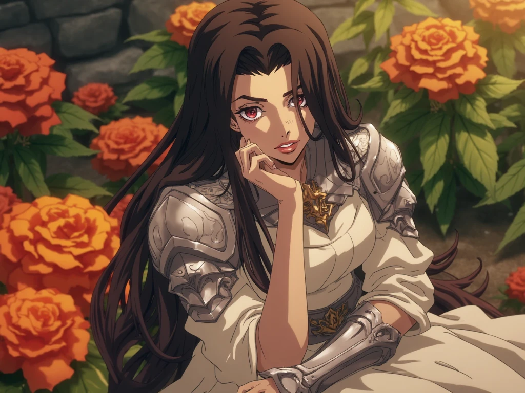 ntflxcstlvn style, anime screencap, portrayal of a female figure in a garden setting. She is adorned in ornate silver armor with intricate designs complemented by a flowing white dress. Her long dark hair cascades down her back and she is depicted in a contemplative pose resting her head on her hand. The garden is lush with vibrant orange and red flowers and the background is a blend of green foliage and a hint of a stone wall. The color palette is rich and warm with the metallic sheen of her armor contrasting against the bright hues of the flowers and the earthy tones of the garden   <lora:SXZ_Castlevania_Flux:1>