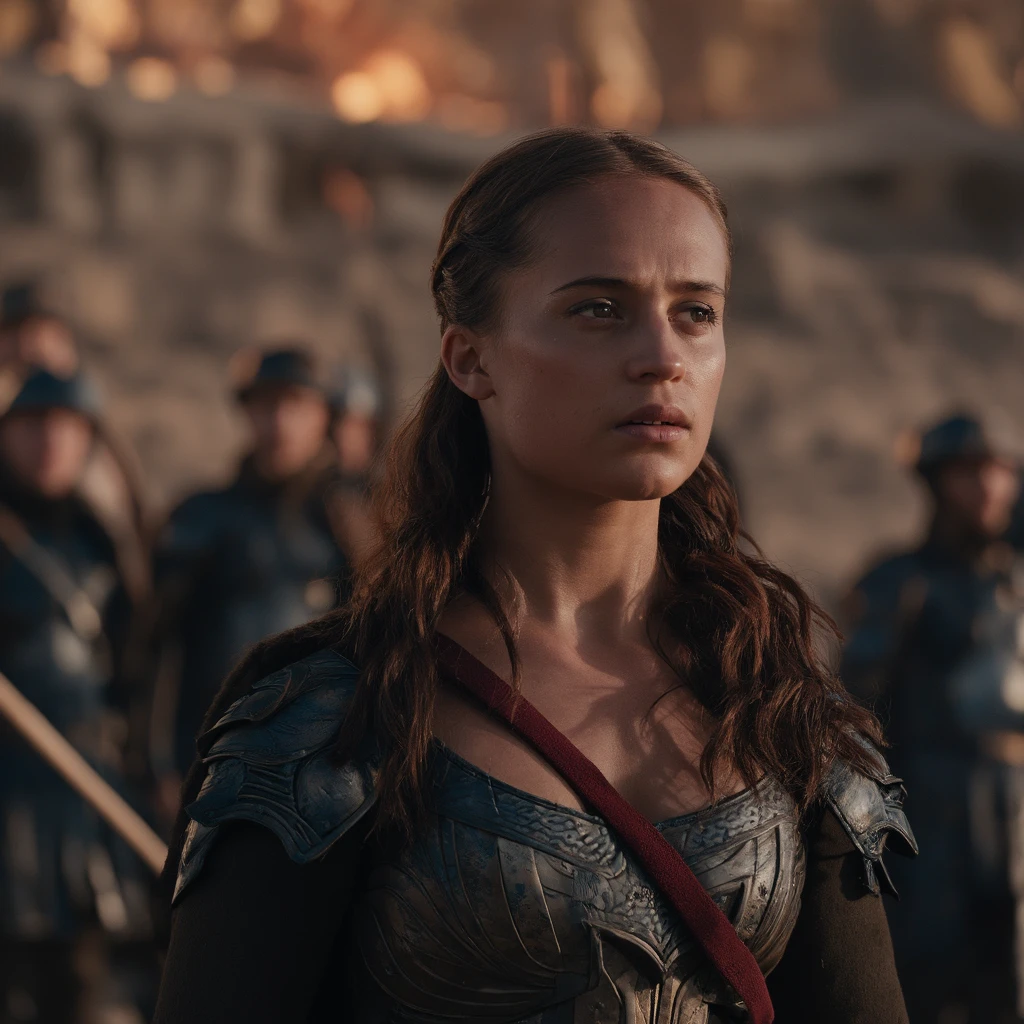 A cinematic portrayal of a female warrior in the foreground. She has long, wavy brown hair and wears a detailed, metallic armor with a red strap across her chest. Her intense gaze is directed to the side. In the background, a group of soldiers in full combat gear stand, one holding a flaming spear. The scene is set against a backdrop of rugged terrain and a fiery atmosphere. The color palette is dominated by earthy tones, with the red strap adding a pop of color.