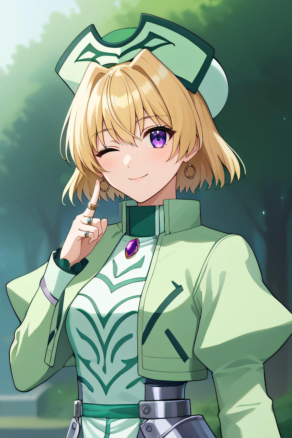 score_9, score_8_up, score_7_up, source_anime, rating_safe, intricate details, 1girl, <lora:Shamal:1>, shamal, short hair, blonde hair, purple eyes, earings, jewlery, ring, gem, green nursing cap, armored dress, armor, light green jacket, white dress, long sleeves, layered dress, looking at viewer, outdoor, smile, upper body, one eye closed, index finger raised, five fingers