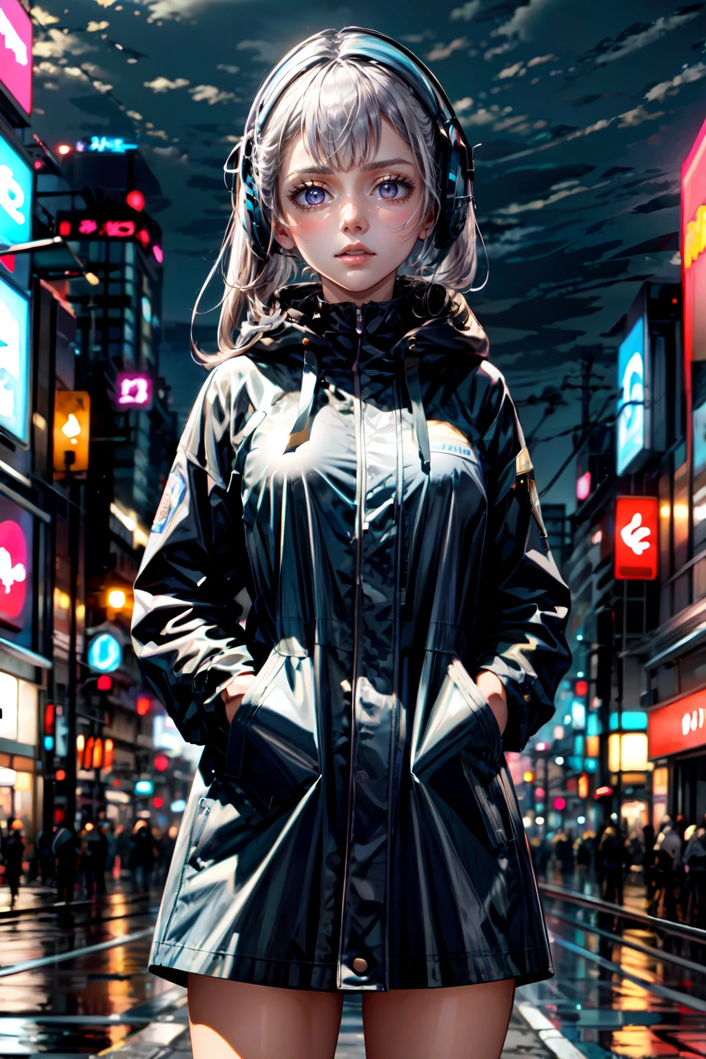 1girl,noelle_silva, night city,rain,coat,hands in pockets, <lora:add_detail:1>, <lora:noelle_silva-03:1>