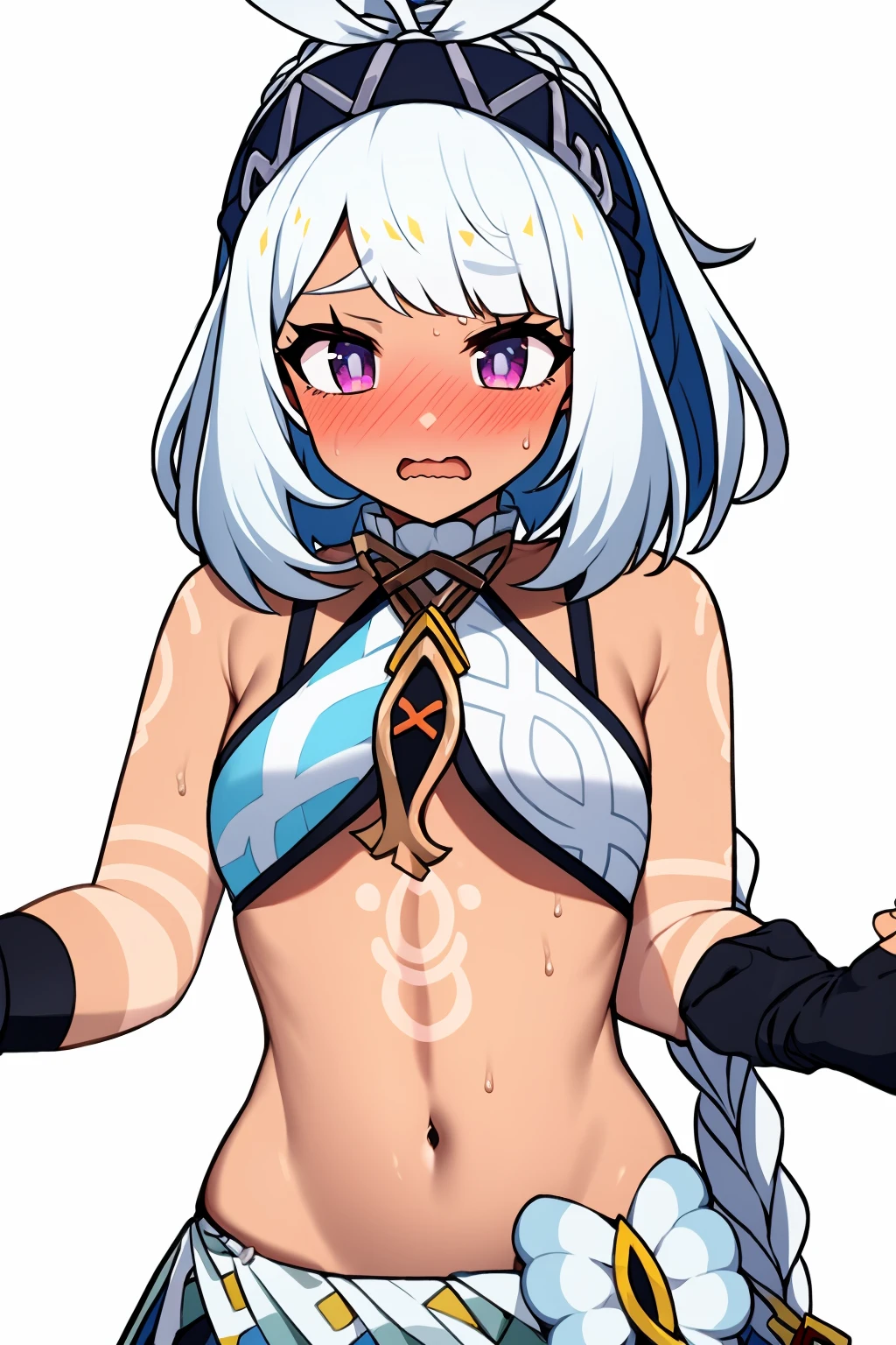 masterpiece, best quality, <lora:muarani:1>, muarani, 1girl, blush, navel, braid, gloves, purple eyes, breasts, fingerless gloves, small breasts, long hair, solo focus, tattoo, white hair, skirt, white background, simple background, midriff, dark skin, open mouth, 1boy, tan, bodypaint, sweat, dark-skinned female, panda, single braid, cosplay, bare shoulders, hairband, black gloves, embarrassed, wavy mouth, @_@