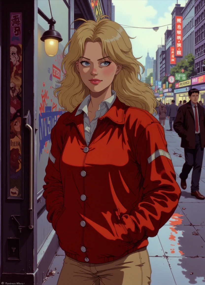 akira_style, an adult woman with long blonde hair, 1980s clothing