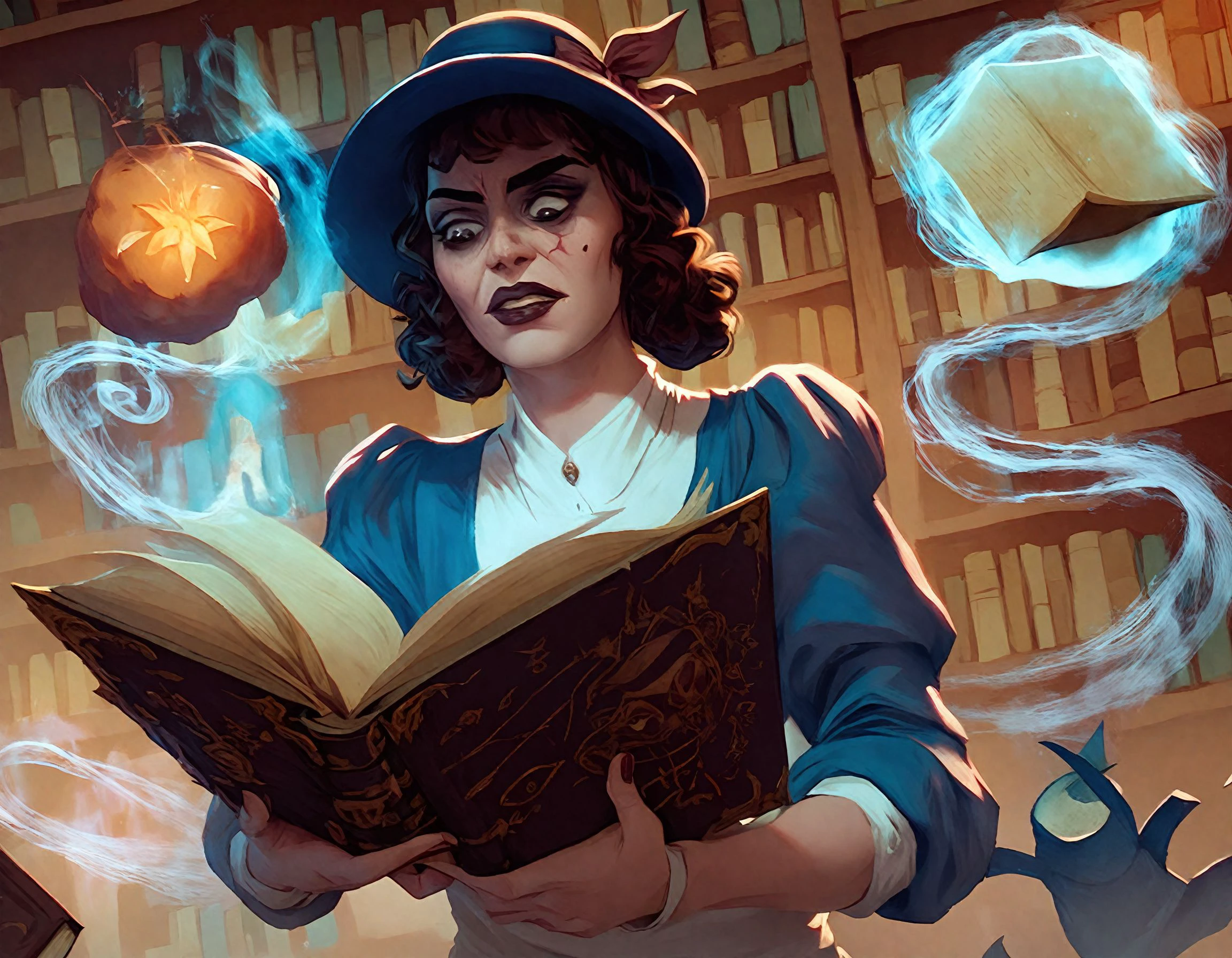 <lora:arkham_pony_j2:1>  art by "arkham horror lcg",  a woman with a hat is reading a magic book in a library, spooky, score_9, score_6_up, score_7_up