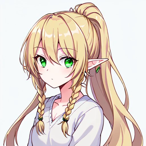 (masterpiece, best quality), 1girl, collarbone, {{Blonde}}, {{long hair}}, {{short twin braids}},{{ponytail hair}}, {elf ears}, girl, {green eyes},