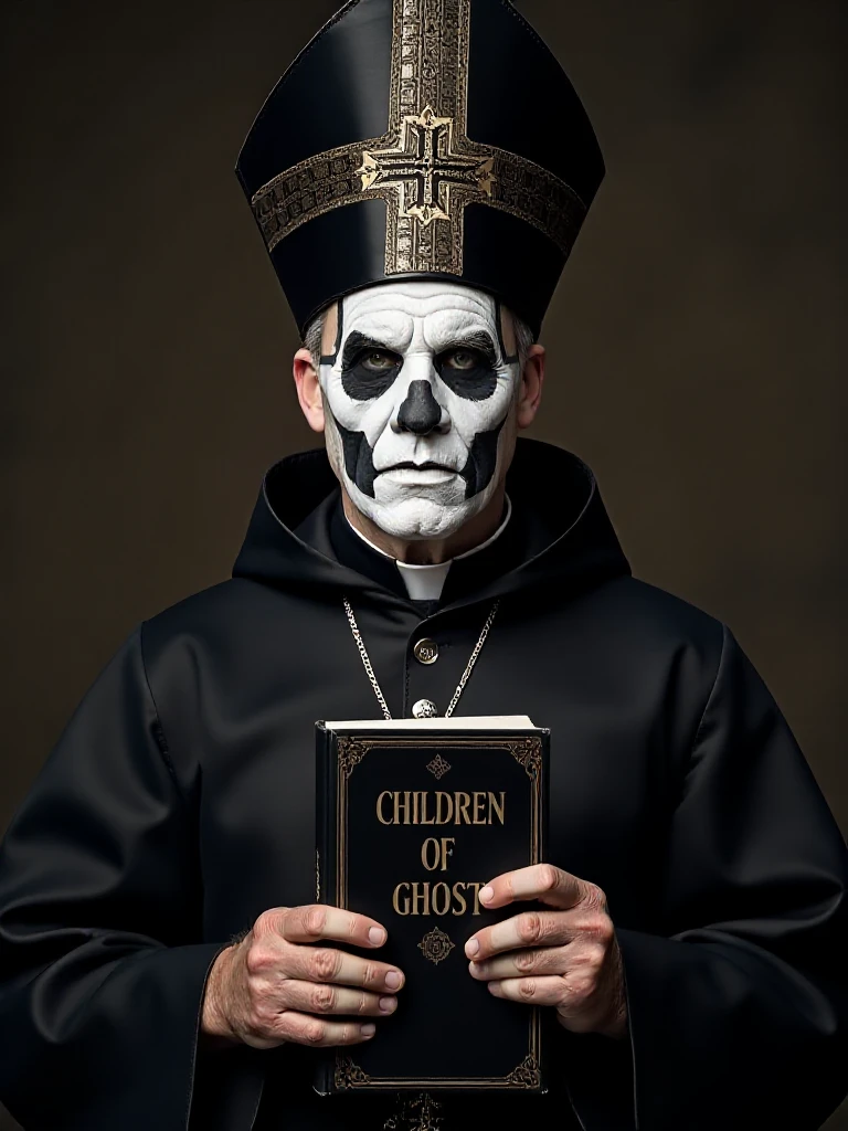 papaem,  Papa II, A mature man with a mitre, wearing a  black robe, and detailed face paint hold a closed book cover called "CHILDREN OF GHOST"  .  <lora:Papa_Emeritus_Flux:0.85>