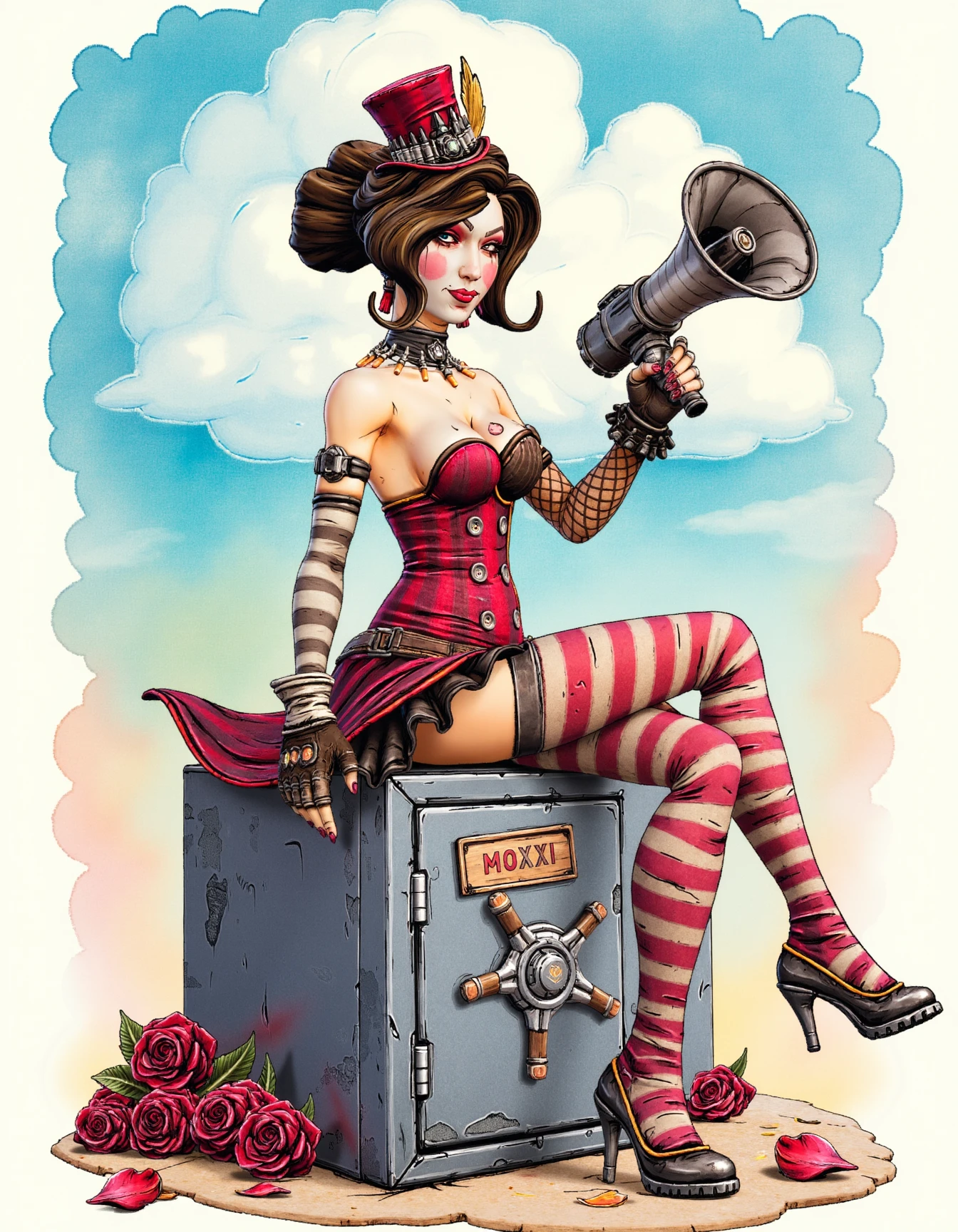 watercolor painting A lively, animated m0xxi  sits upon a large safe, grasping a shiny megaphone in her right hand, with a vibrant, whimsical background featuring fluffy white clouds and scattered red roses. She wears a striking red corset, paired with matching hat and striped stockings, posing from a dynamic side angle, showcasing her full body.
<lora:moxxiFlux:1> . vibrant, beautiful, painterly, detailed, textural, artistic