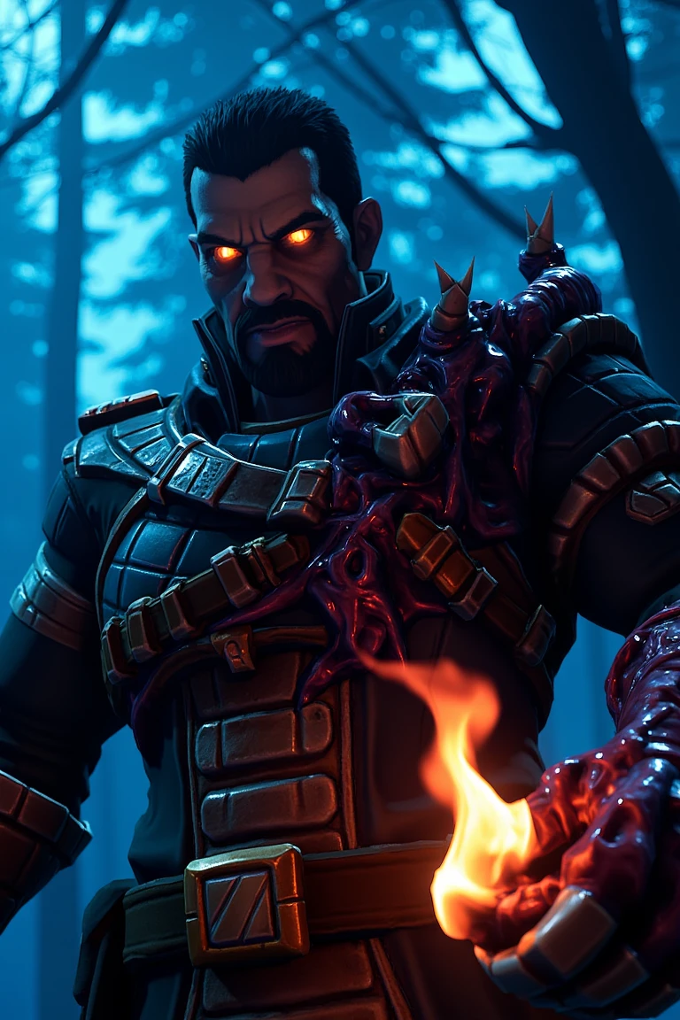 midnight hour, Stukov, black military cut hair, glowing yellow eyes, he is half man and monster, depicted as a photorealistic character, manly, holding fire, brown gloves for his right hand, left hand is mutated with dark red tentacles and yellow tipped claws, looking down at viewer, blurry outdoor forest, trees, from below, post-apocalyptuc-horror theme, blue color scheme