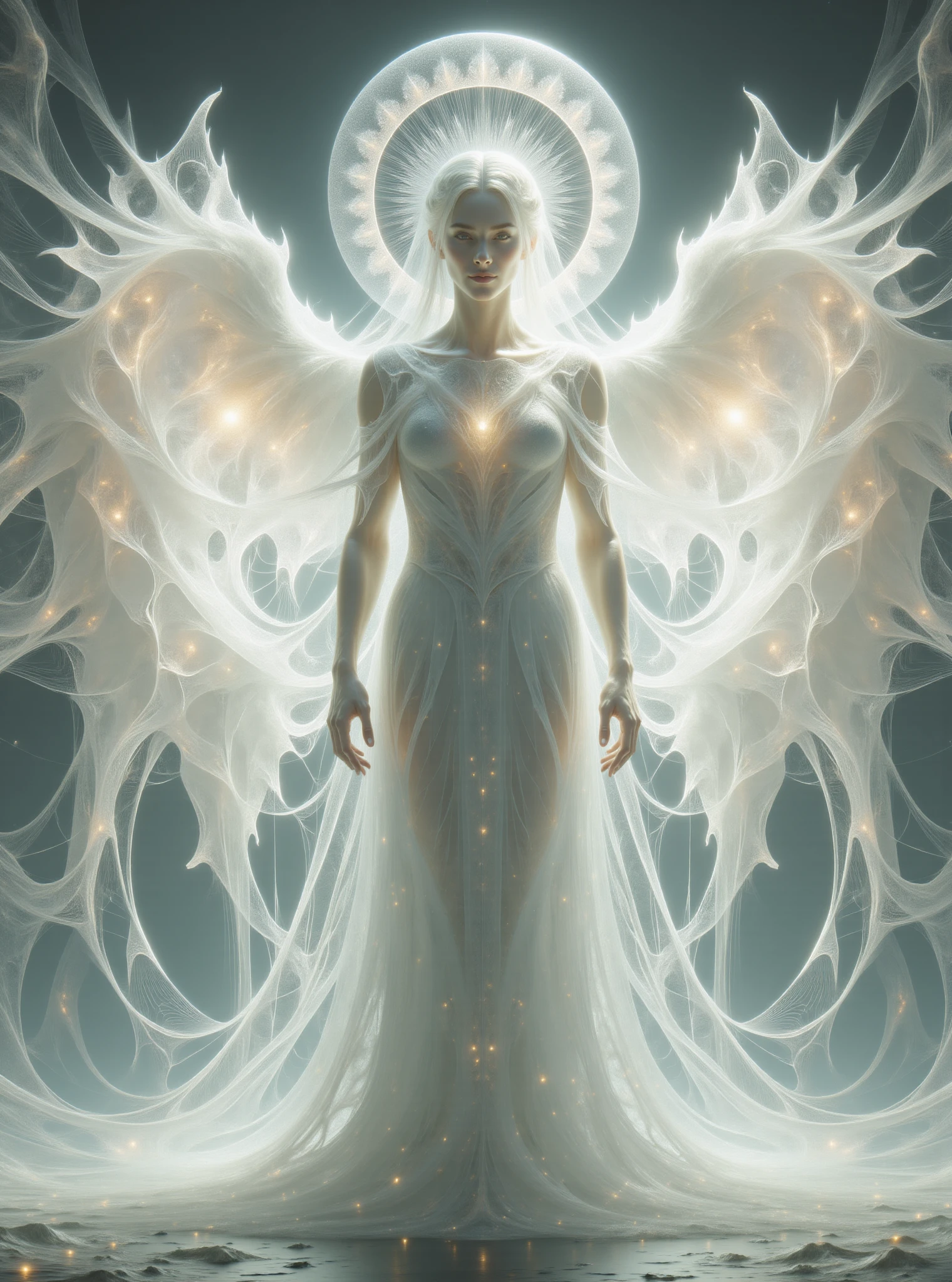 ignis fatuus, humanoid celestial being, radiant luminous appearance, feathered wings, noble serene expression, long flowing robes, white bright colors, halo, radiant aura above the head