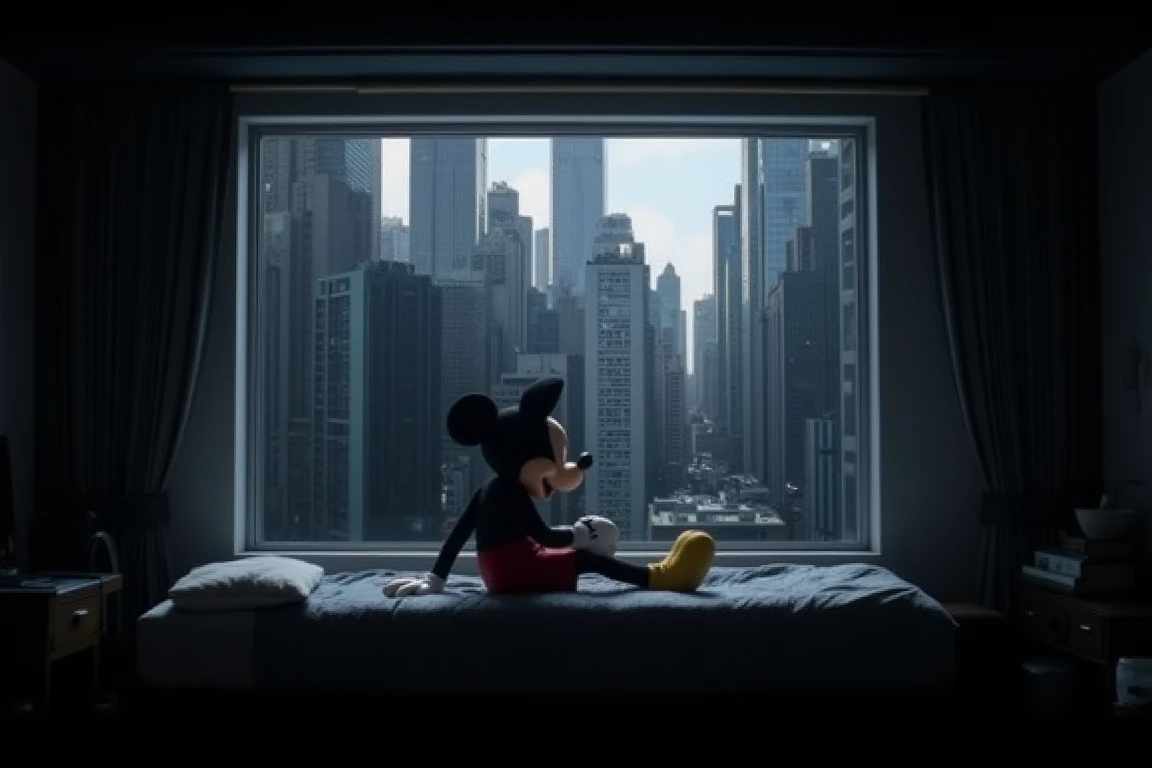 mickey mouse sitting on a bed by the koukaku window, knee up, look out the window, cityscape, dark room