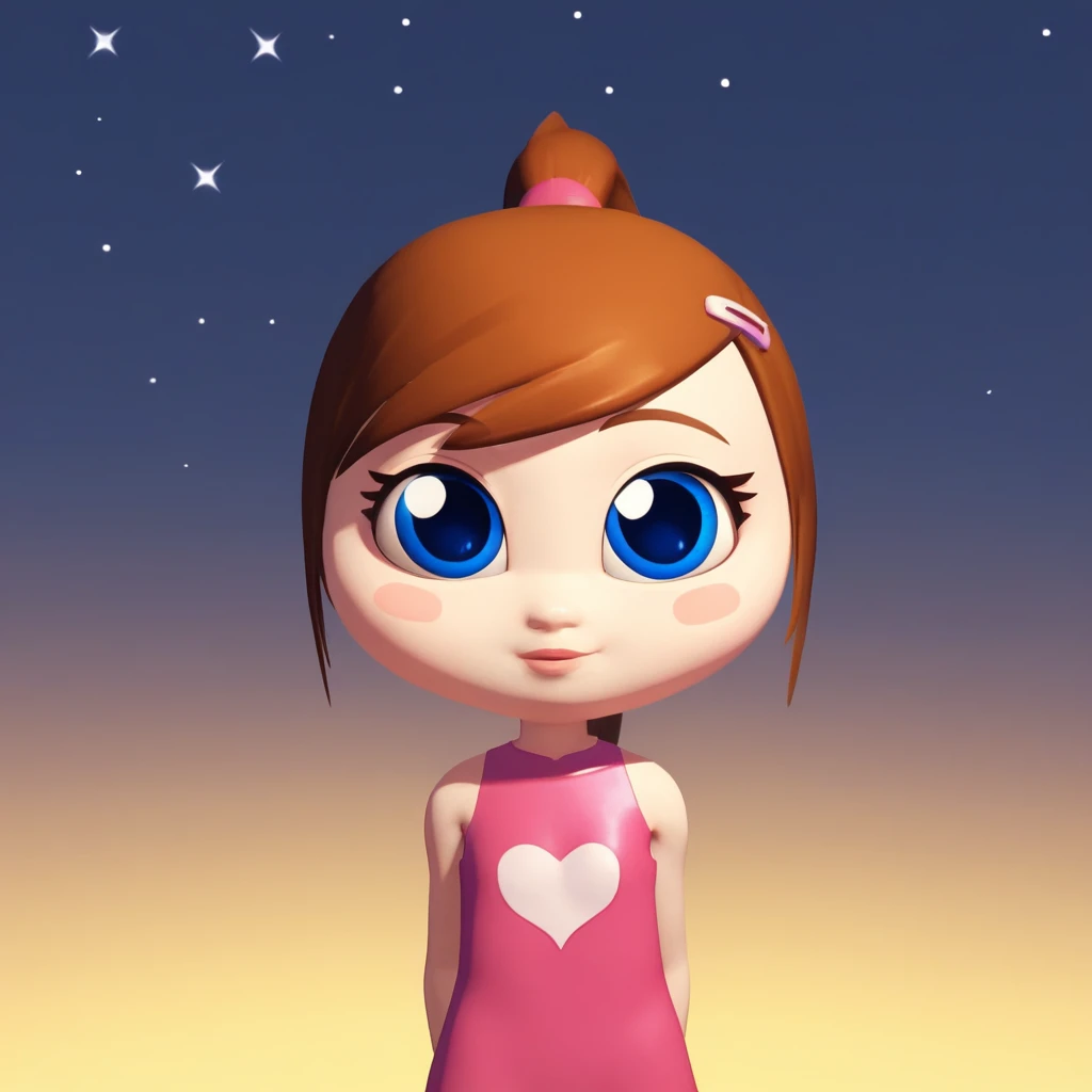 score_8_up, BREAK, IlonaMitrecey, 1girl, solo, brown hair, ponytail, blue eyes, pink dress, upper body,  <lora:IlonaMitrecey_PXL_Leaf1:1>, starry background, gradient background, arms at sides, 3d,