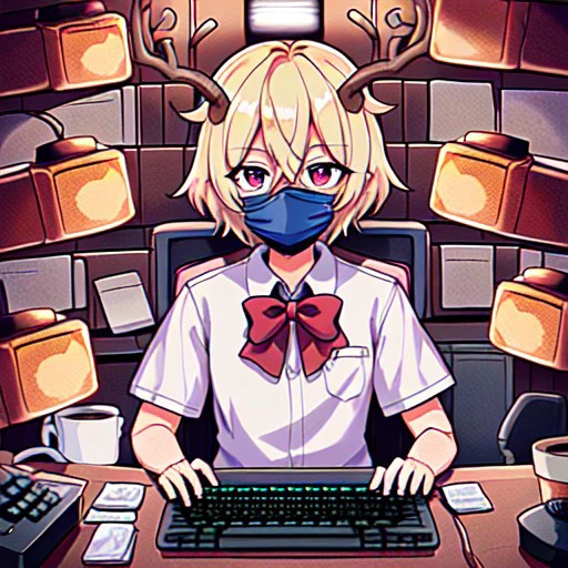 (masterpiece, best quality), surgical mask, demon horns, antlers, upper body, speaker, short hair, keyboard (computer), red skin, cowboy shot, outdoors, bandaid on face, tiles, blonde hair, purple bow, water, desk, english text, hair between eyes, coffee mug