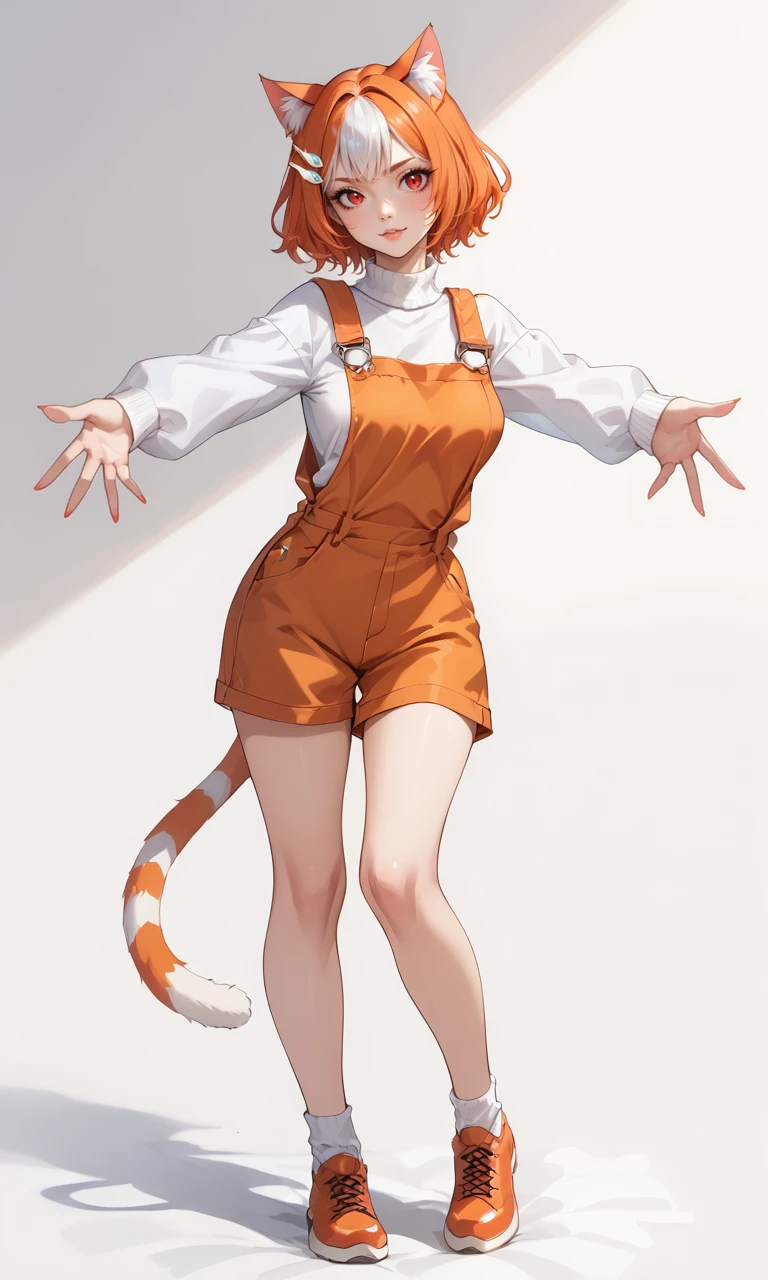 score_9, score_8_up, score_7_up, 2D, source_anime,
BREAK,
(outstretched arms , full body :1.2), white background,
BREAK,
1girl, solo, tail, red eyes, cat tail, large breasts, cat girl, animal ear fluff, orange hair, multicolored hair, white hair, short hair, animal ears, tail, cat ears, fish hair ornament, hair ornament, hairclip, hair over ears, bangs, two-tone hair, orange overalls, overalls, white sweater, sweater, long sleeves, turtleneck, turtleneck sweater, painted nails, orange fingernails  <lora:PonyAug_marsey_2k:0.65>